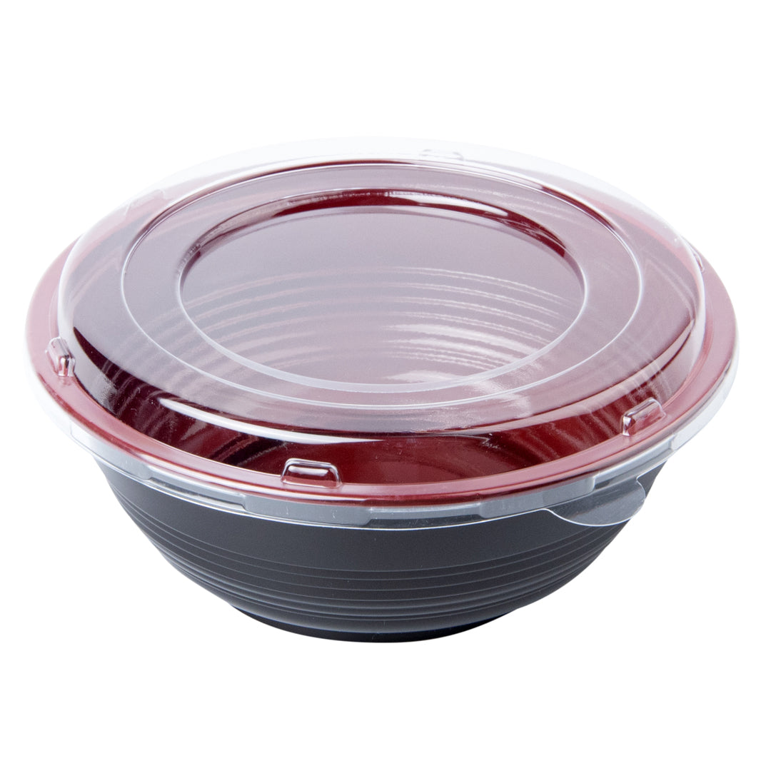 34oz Large Asian Panda Bowl with Clear Lid - Round Black & Red Plastic Microwave Safe Food Container (7.25