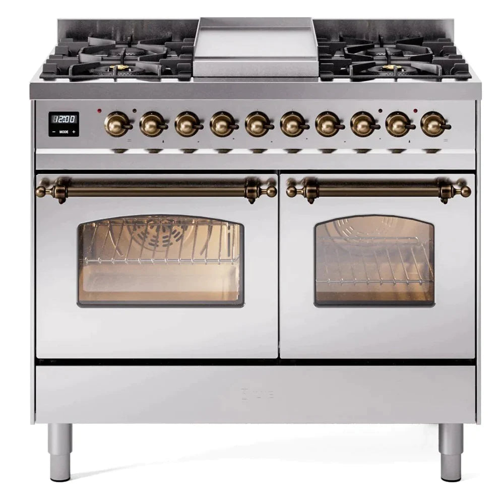 ILVE 40 Nostalgie II Series Freestanding Double Oven Dual Fuel Range - 6 Sealed Burners & Griddle - Professional Gas & Electric Range for Home Kitchen - Perfect for Baking, Roasting & Family Cooking (Model UPD40FNMP)