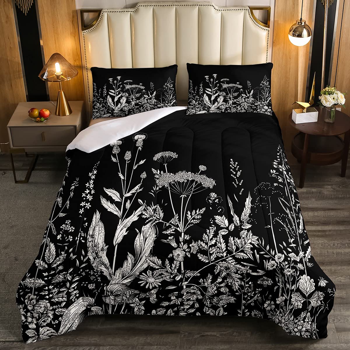 Feelyou Black Floral Comforter Set - Botanical Wild Flowers Bedding, Farmhouse Quilted Duvet Cover with 2 Pillowcases, Queen Size - Perfect for Cozy Bedroom Decor & Guest Room Makeover
