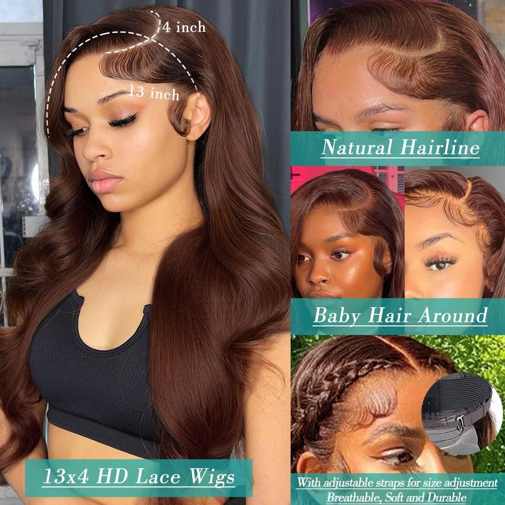 Azkiu 22 Inch Brown Body Wave Lace Front Wig - 150% Density Brazilian Virgin Human Hair with HD Transparent Lace & Pre-Plucked Baby Hair | Natural Look for Daily Wear, Cosplay & Special Occasions