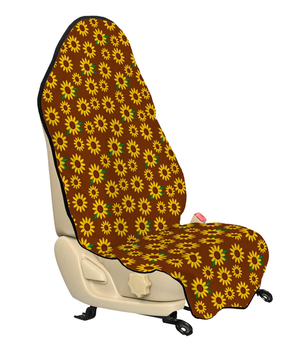Ambesonne Sunflower Car Seat Hoodie - Cartoon Blossoms with Lively Petals & Green Leaves Design - Universal Fit Non-Slip Car Seat Cover Protector (30