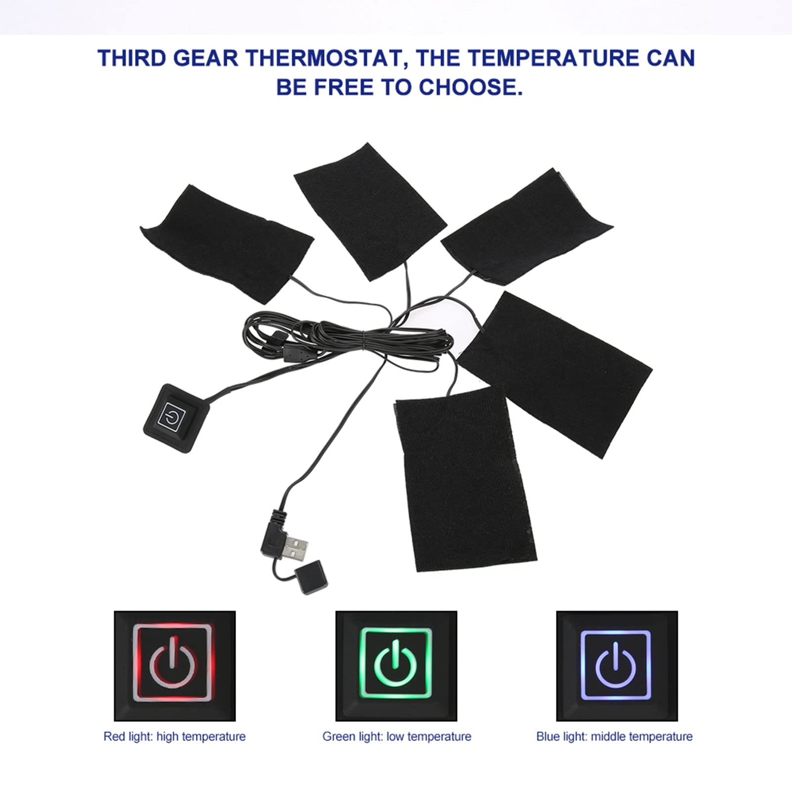 3-Speed USB Electric Heating Pads - Portable Waterproof Foldable Heating Pad Set with 5 Jacket Pads - Electric Heating Clothes for Winter Camping, Hiking, Outdoor Activities & Home Use