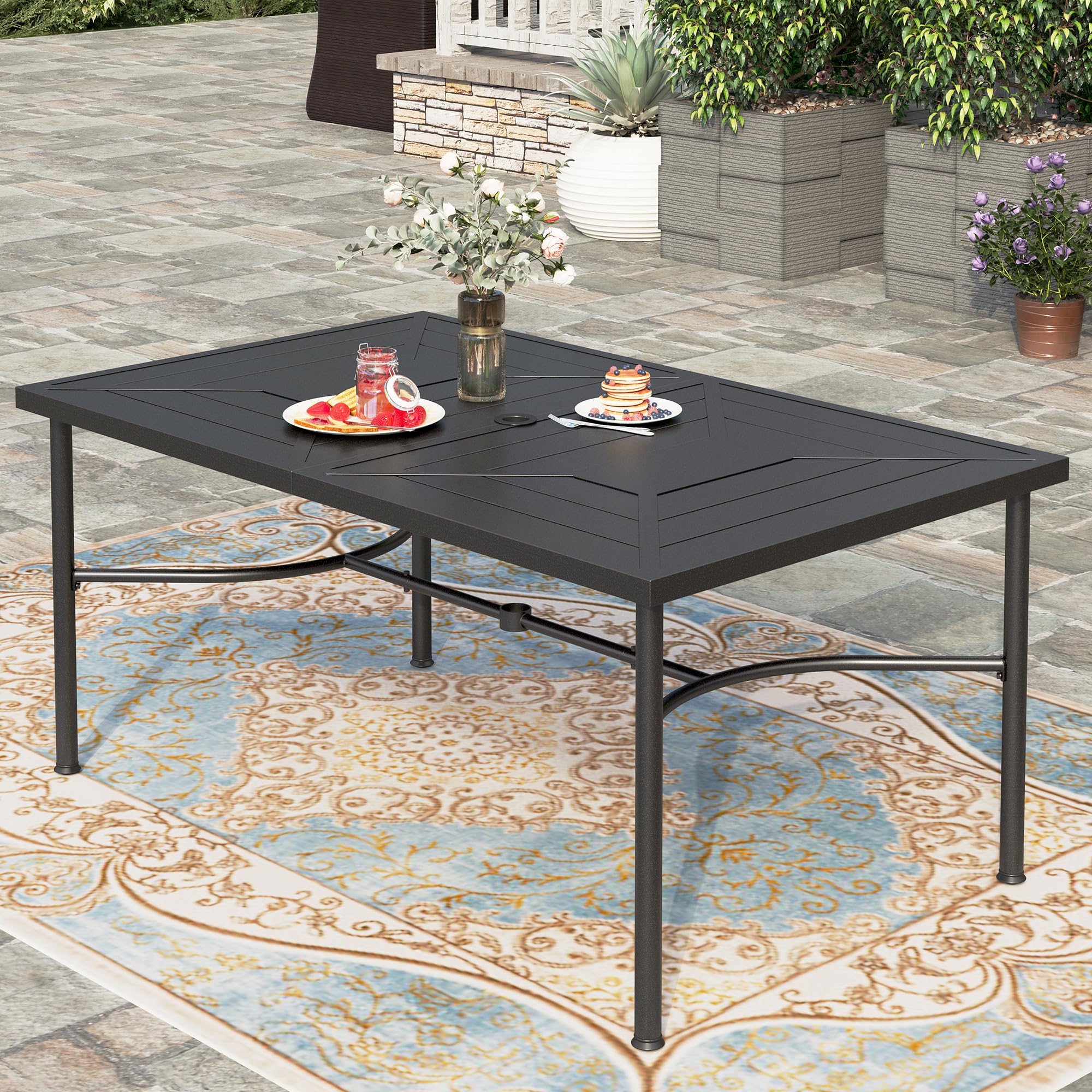 HERA'S HOUSE 64 Inch Outdoor Dining Table with Umbrella Hole - Weather Resistant Rectangular Patio Table for Garden, Backyard, Lawn - Perfect for Outdoor Entertaining, BBQ Parties & Family Gatherings