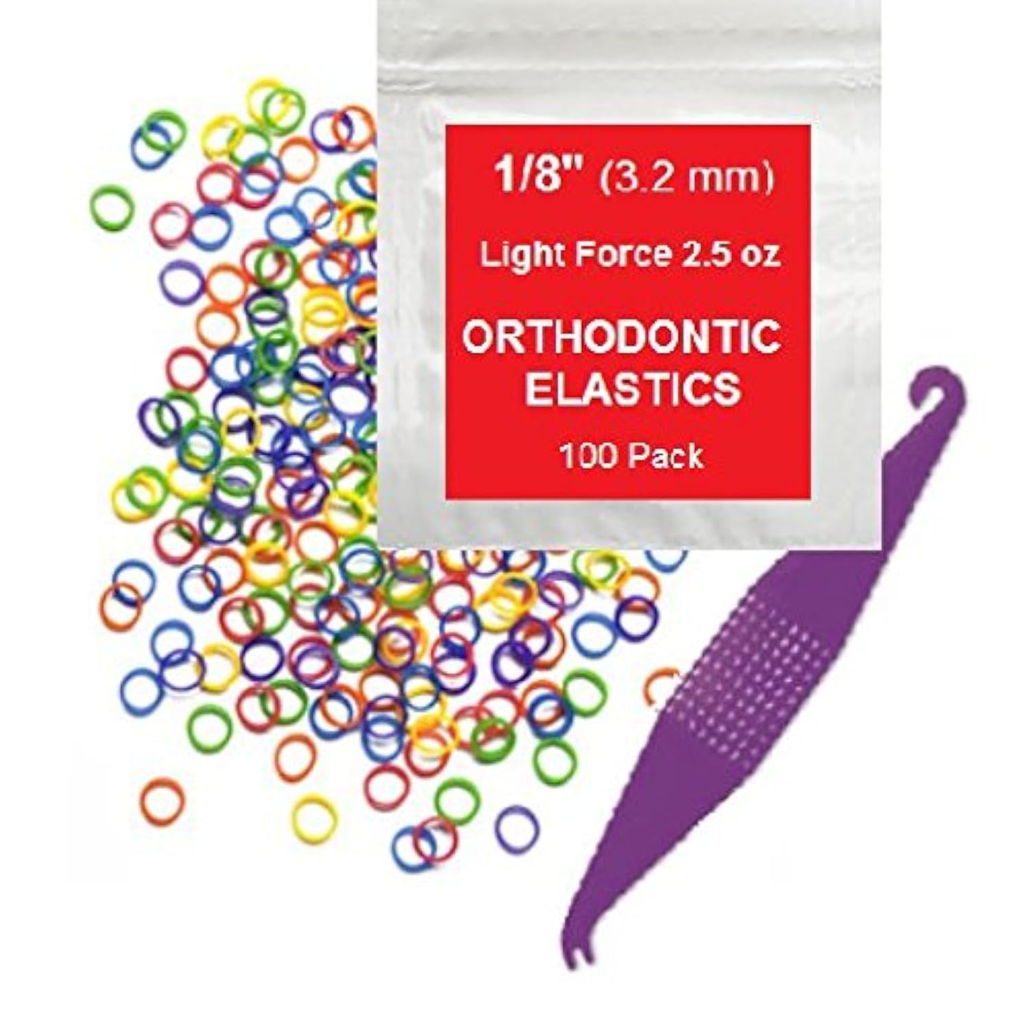 1/8 Inch Orthodontic Elastic Rubber Bands - 100 Pack, Neon Colors, Light Force 2.5 oz - Dental Braces Bands for Teeth Gap Fixing & Dreadlock Hair - Includes 1 Elastic Placer Tool - Perfect for Braces, Invisalign & Hair Styling
