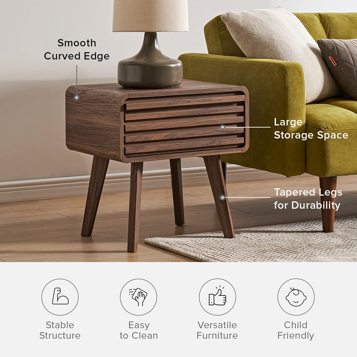 Ensley Mid Century Modern Nightstand with Drawer - Set of 2 Small Bedside Tables with Storage, End Tables for Living Room & Bedroom - Perfect for Bedside Organization & Living Room Decor
