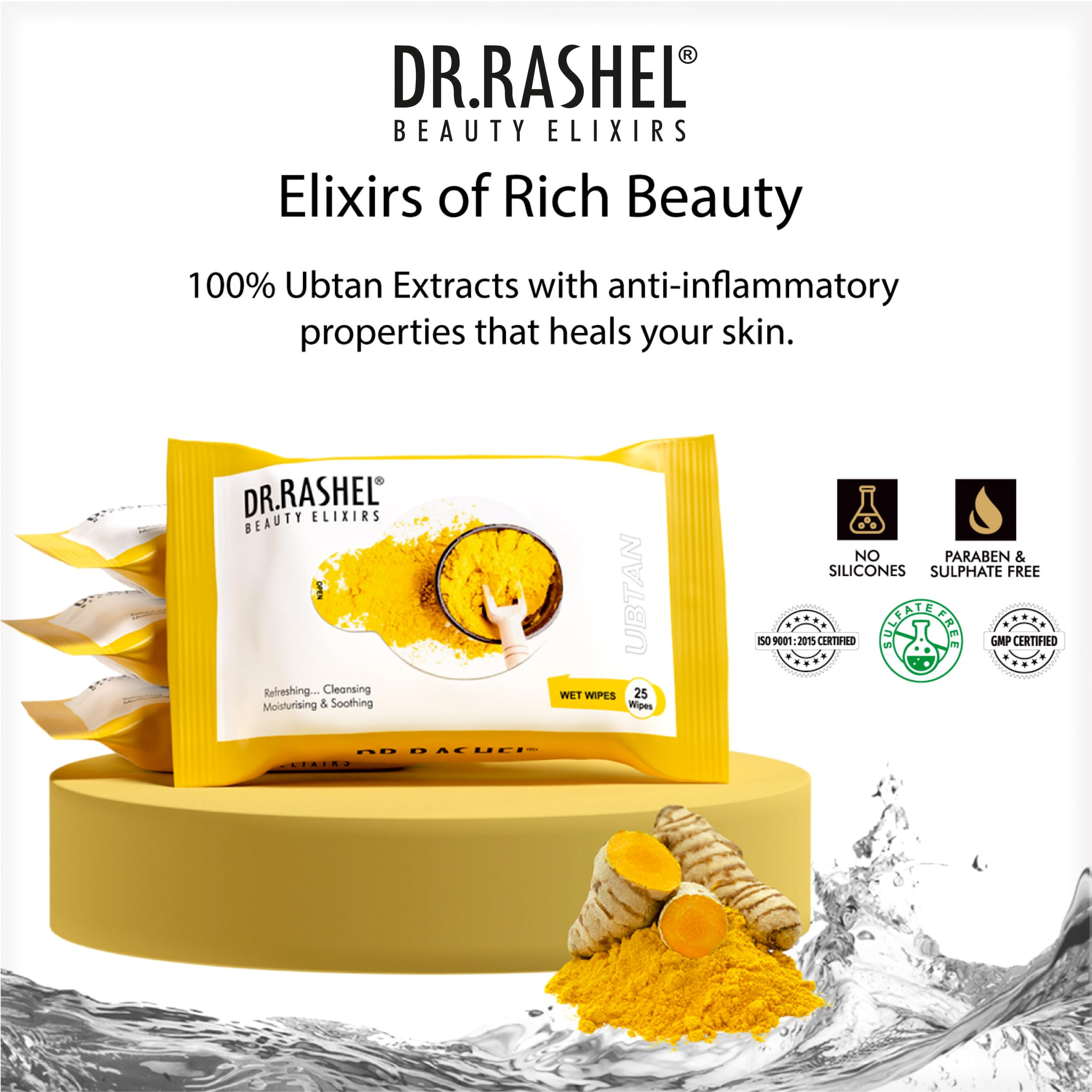 DR.Rashel Ubtan Pack of 2 Face Wipes - Turmeric & Aloe Vera Extract for Refreshing, Glowing Skin | Multi-Purpose Facial Cleansing Wipes (25 Count x 2) | Perfect for Travel, Gym & Daily Skincare Routine