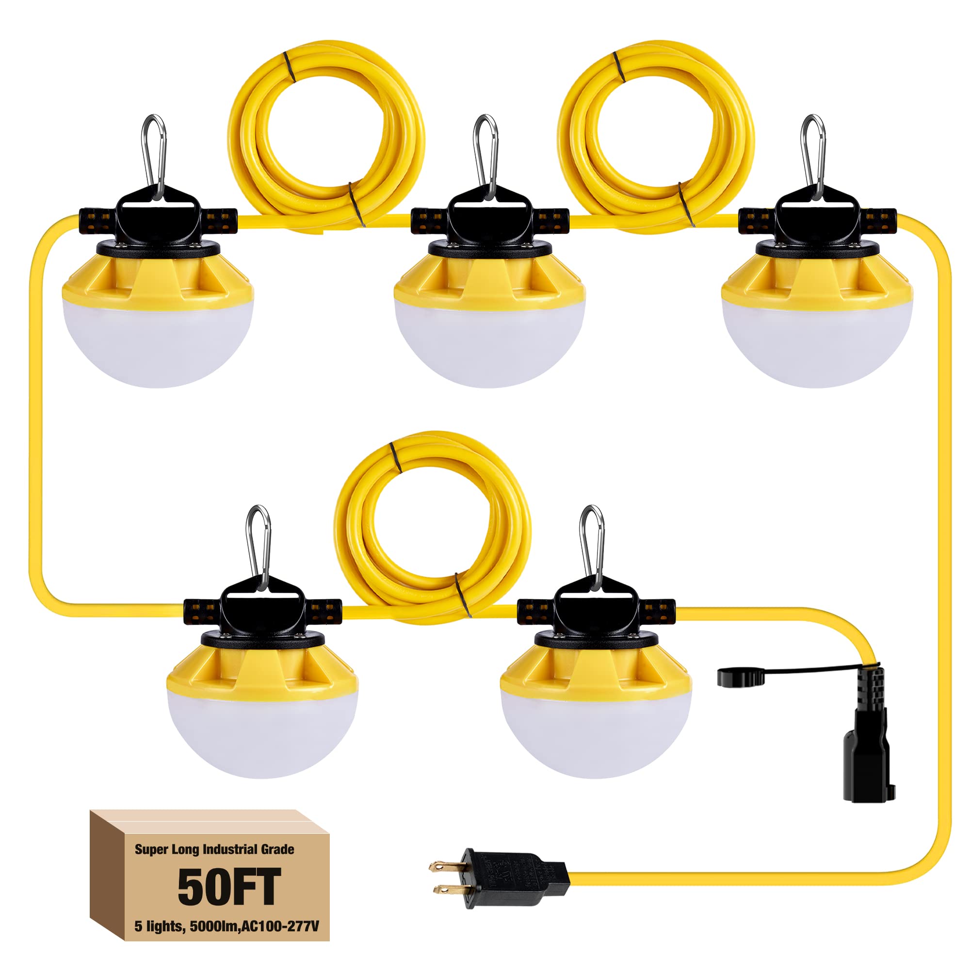 50FT Construction String Lights - IP65 Waterproof, ETL Certified LED Work Lights, 5000K Daylight, 18AWG Wire, Linkable Temporary Lighting for Jobsite with 5 Bulbs & Hooks - Perfect for Construction Sites, Backyard Parties, and Outdoor Events