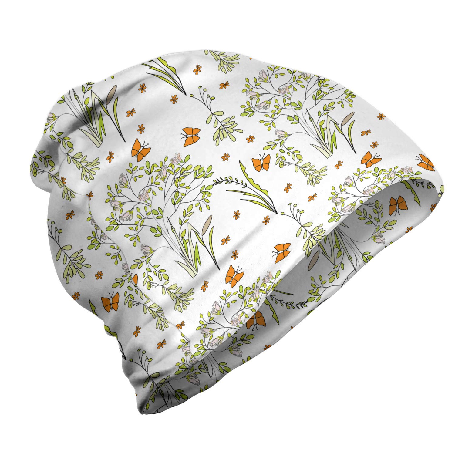 Ambesonne Unisex Beanie - Stylish Butterfly & Floral Print Knit Hat for Men & Women - Perfect for Hiking, Camping & Outdoor Winter Activities