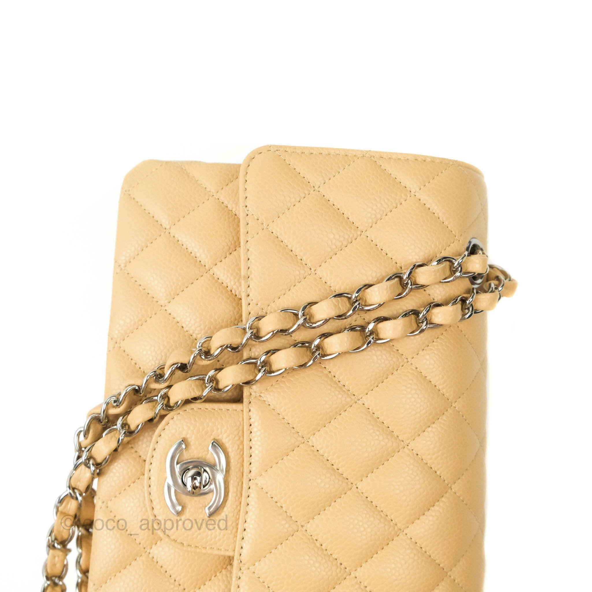 Chanel Classic M/L Medium Double Flap Bag in Beige Caviar Leather with Silver Hardware - Luxury Handbag for Women, Perfect for Work, Parties & Everyday Use
