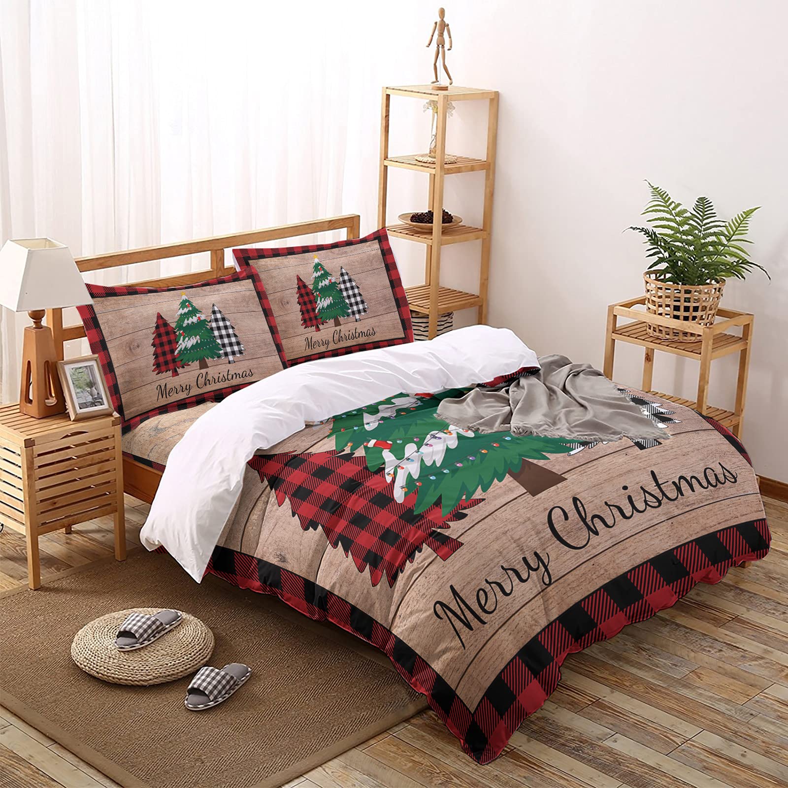Festive 4-Piece King Size Christmas Duvet Cover Set - Red & Black Buffalo Plaid Holiday Bedding with Zipper Closure (Duvet Cover + Flat Sheet + 2 Pillowcases) | Cozy Winter Bedroom Decor for Christmas Season
