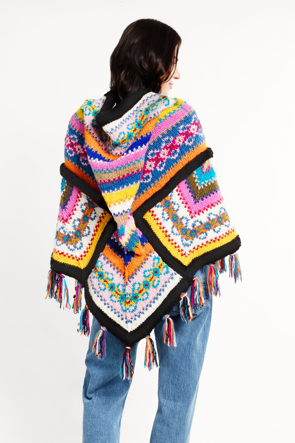 Fair Isle Patchwork Hooded Poncho - Cozy Knitted Winter Cape for Women - Perfect for Outdoor Adventures, Camping & Casual Wear