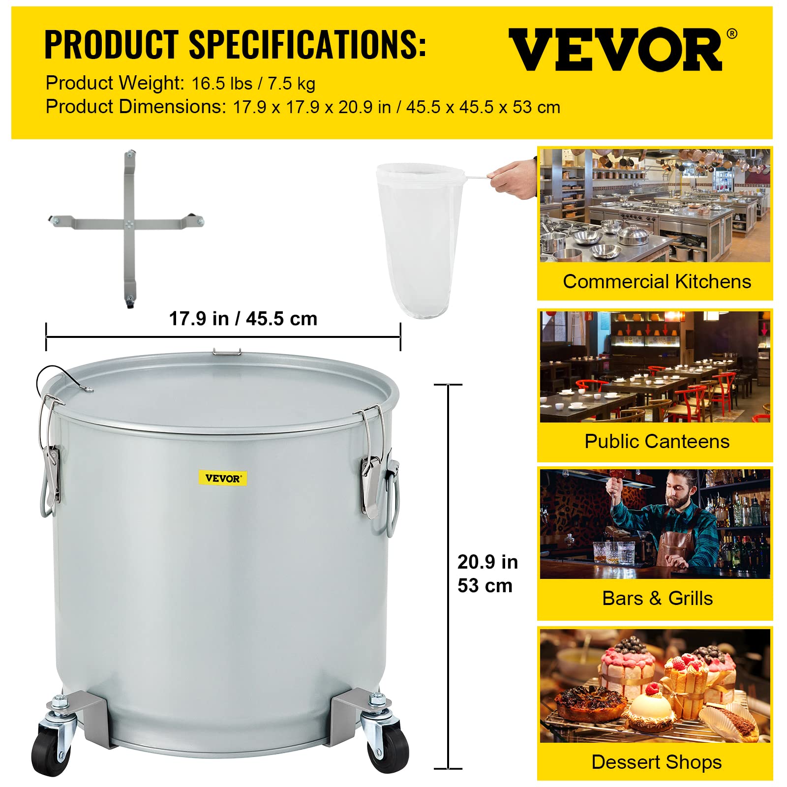 VEVOR 15.9 Gallon Commercial Deep Fryer Grease Bucket - 60L Coated Carbon Steel Oil Filter Pot with Caster Wheels, 123 LBS Capacity Oil Disposal Caddy, Locking Lid & Nylon Filter Bag - Perfect for Restaurants, Food Trucks & Commercial Kitchens