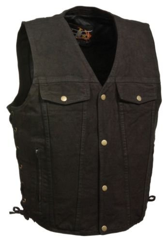 Men's Black Denim Motorcycle Vest - Snap Front, Side Laces & Gun Pocket - Perfect for Biker Rides, Motorcycle Clubs & Casual Streetwear