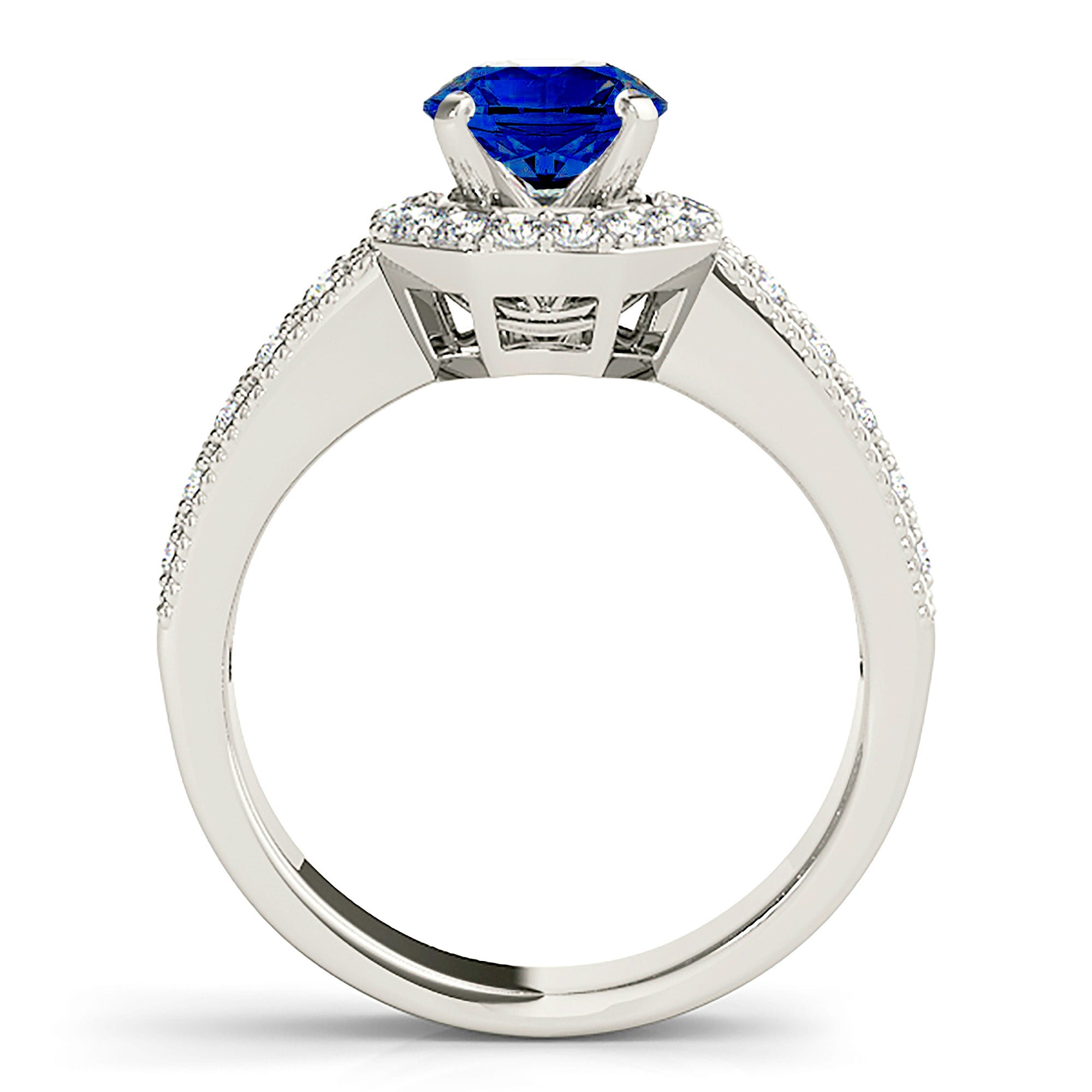 1.35 Carat Genuine Blue Sapphire Halo Ring with Two Row Side Diamonds - Elegant Engagement, Wedding & Anniversary Jewelry Gift for Women