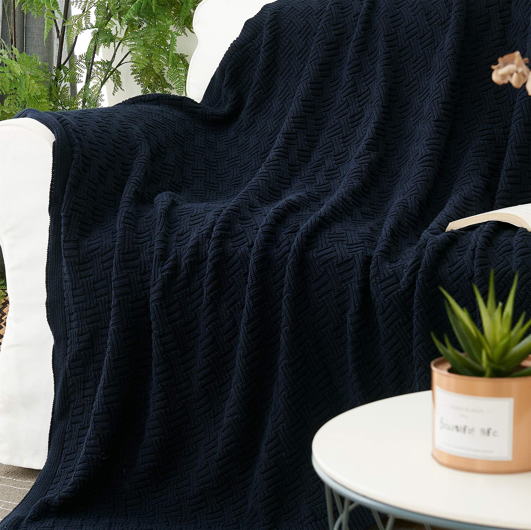 Premium Navy Blue Cable Knit Throw Blanket - Soft Cotton 50