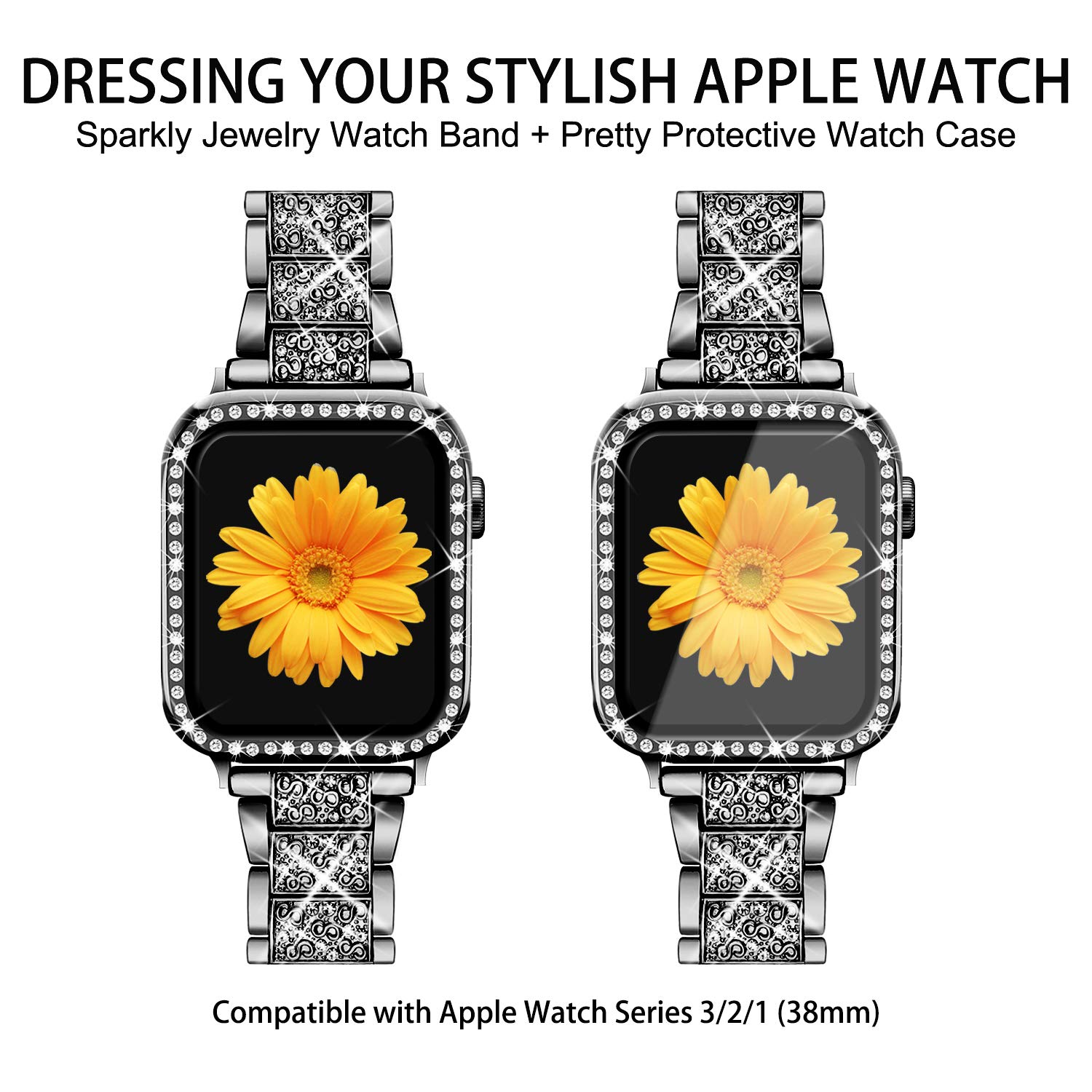 Mesime Compatible Apple Watch Band with Screen Protector Case - Jewelry Replacement Bands for 38mm/40mm/41mm/42mm/44mm/45mm/46mm - 2 Pack Protective Cover for iWatch Series 10/9/8/7/6/5/4/3/2/1/SE - Perfect for Women's Fashion, Workout & Everyday Wear