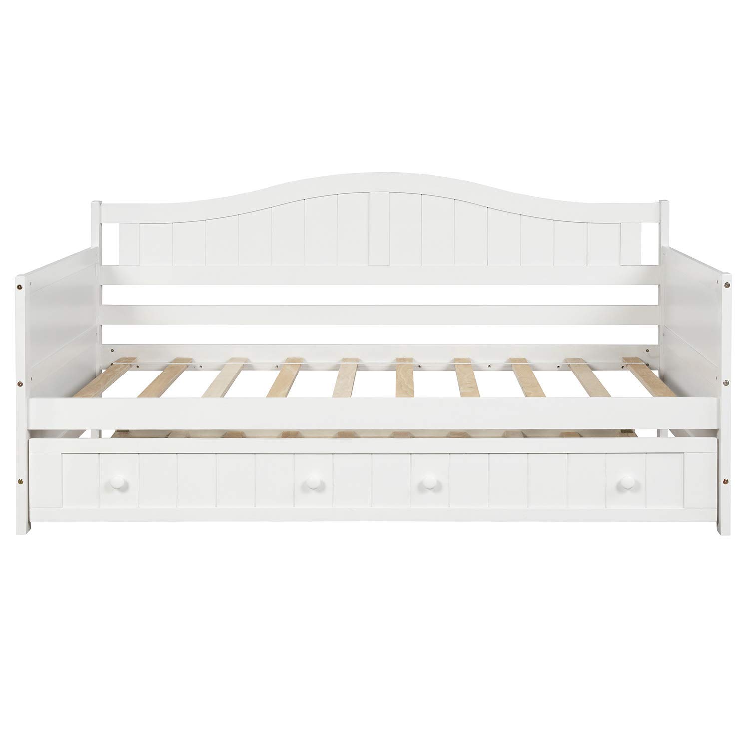 Twin Size Mera Wood Daybed with Trundle - Convertible Sofa Bed Frame, No Box Spring Needed (White) - Perfect for Guest Rooms, Dormitories & Small Space Living