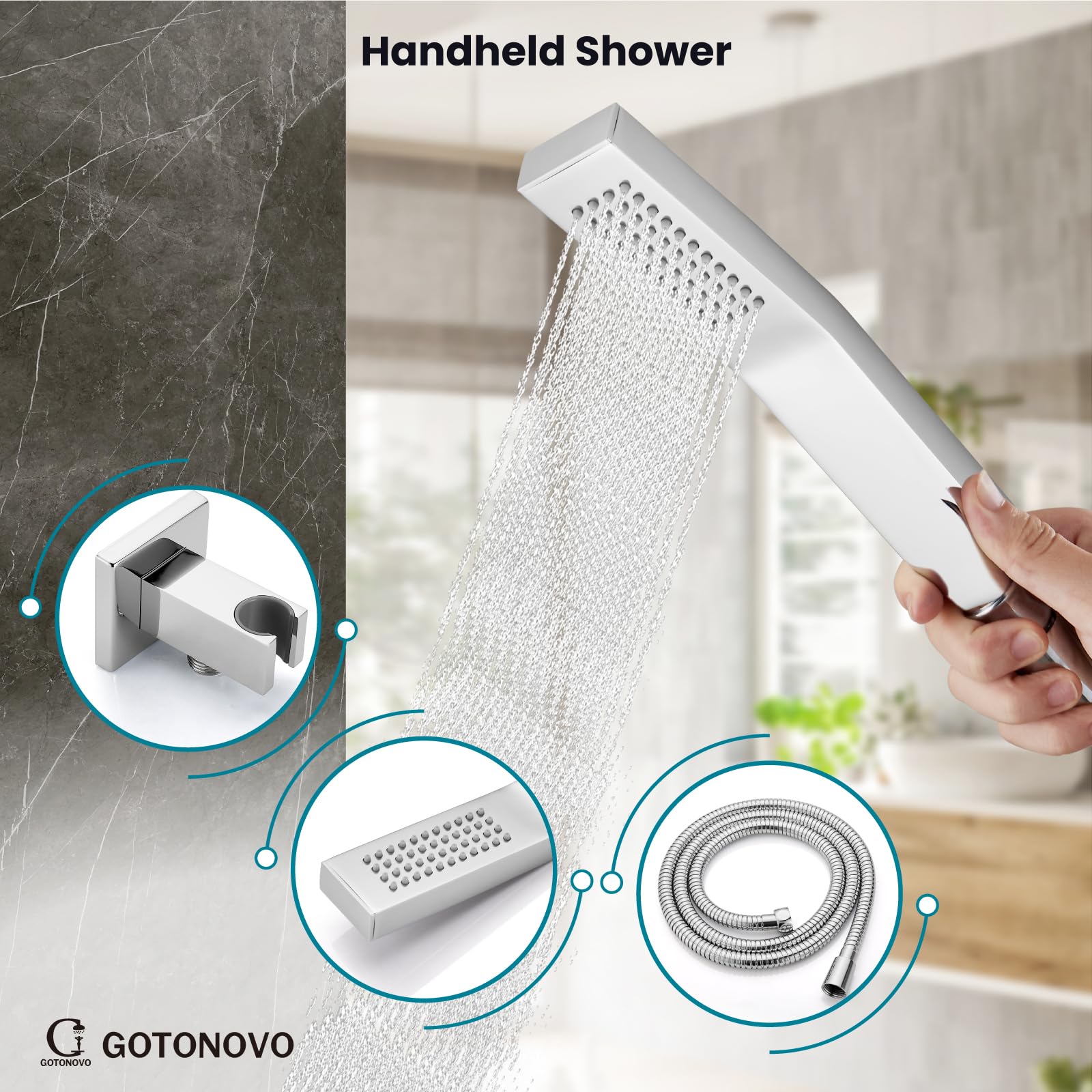 Gotonovo 3-Function Wall Mounted Shower System Set with Rainfall Shower Head, Handheld Spray & Tub Spout - 10 Inch Polish Chrome Shower Faucet Combo & Rough-in Valve Trim Kit for Bathroom Renovation & Spa Experience