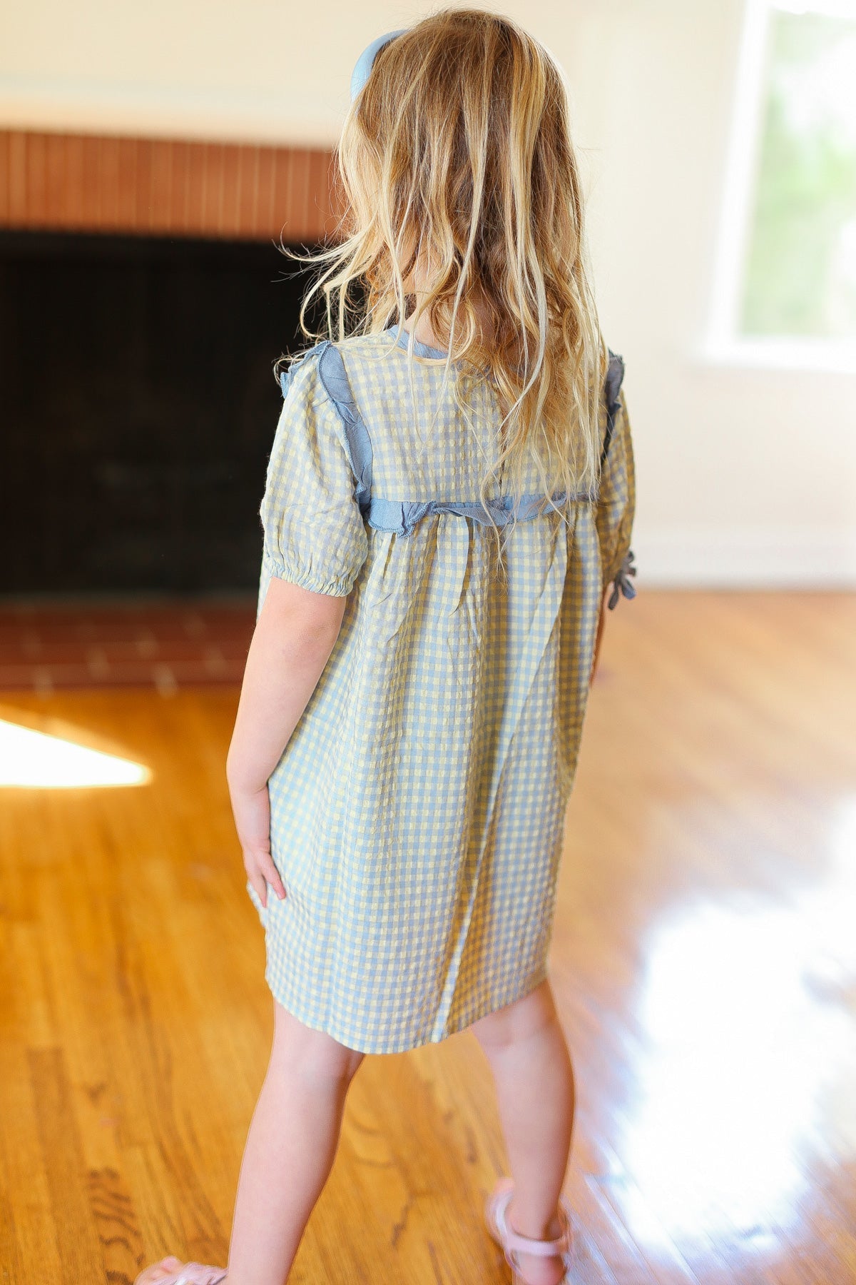 Stylish Blue Gingham Elastic Tie Sleeve Dress for Women | Summer Casual & Party Wear | Perfect for Beach Outings, Picnics, and Date Nights