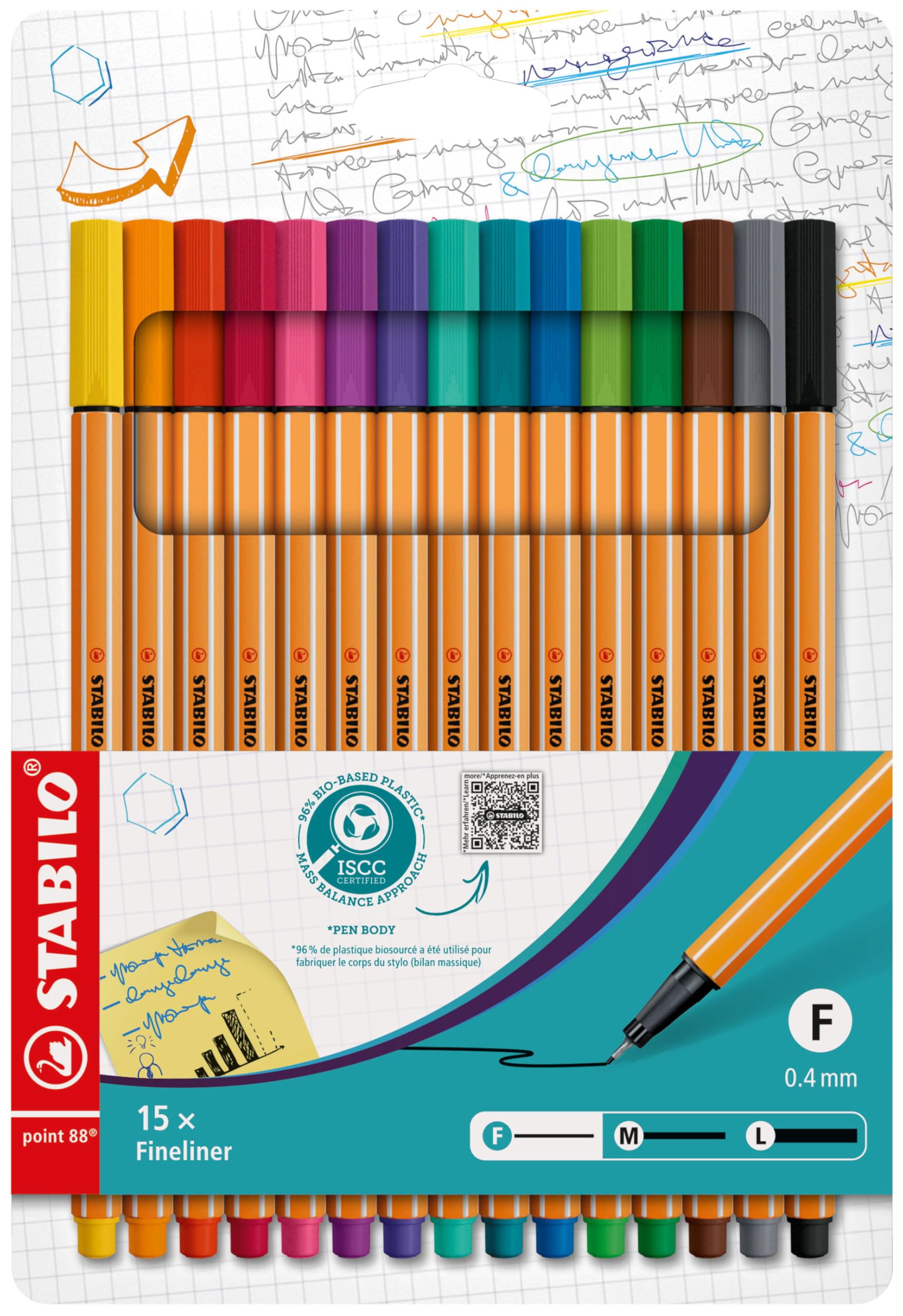 STABILO Fineliner Point 88 Fine Tip Marker Pens - Set of 15 Assorted Colors for Art, Journaling & Note Taking - Vibrant Waterproof Ink for Bullet Journals, Coloring Books & Office Use