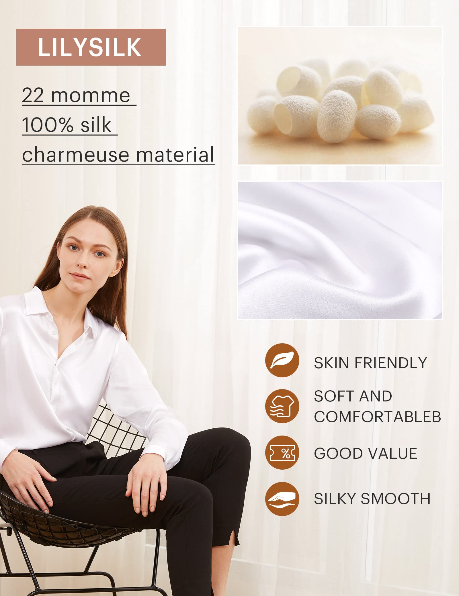 LilySilk 100% Pure Silk Blouse for Women - Long Sleeve Soft & Smooth Silk Top for Work, Party & Special Occasions | Elegant & Comfortable Silk Shirt for Office, Date Night & Formal Events
