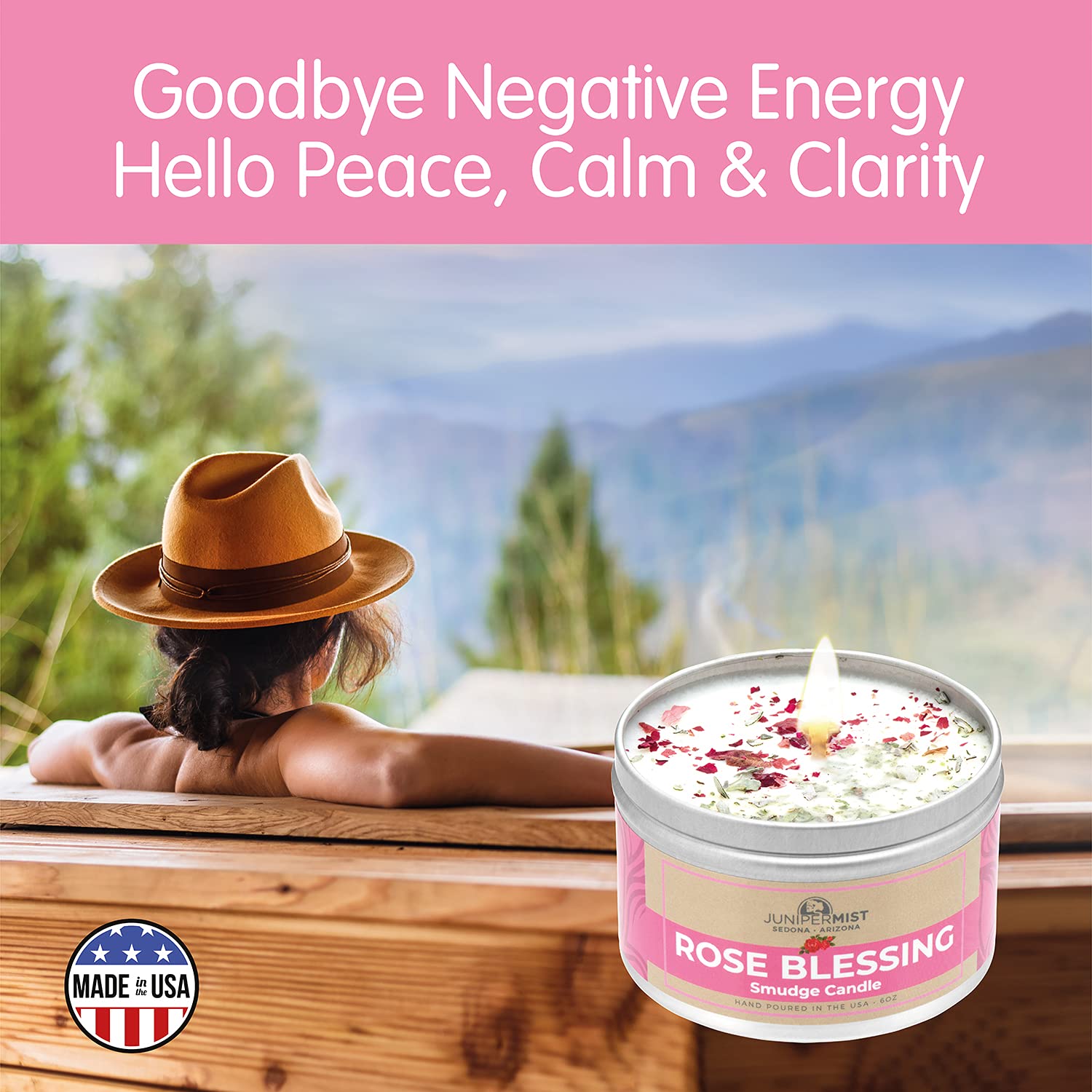 Rose Smudge Candle (6 Oz) - Natural Soy Wax & Essential Oils for Meditation, Cleansing Negative Energy - USA Made Smokeless Alternative to Sage Sticks - Perfect for Yoga, Home Relaxation & Spiritual Rituals