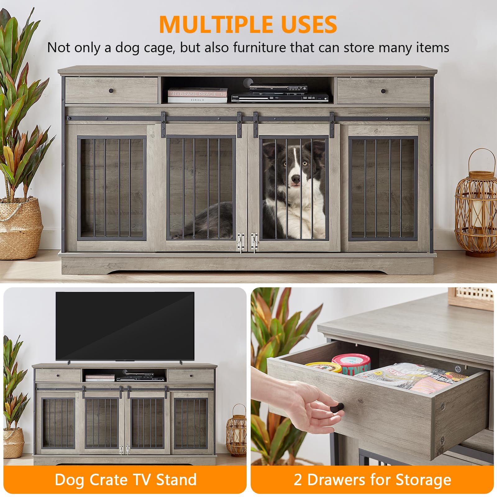 3-in-1 Double Dog Crate Furniture - 66.1 Inch Grey Durable Pet Kennel with Divider for 2 Dogs, Multifunctional TV Stand with 2 Drawers & Sliding Doors - Perfect for Living Room, Bedroom or Home Office Pet Space