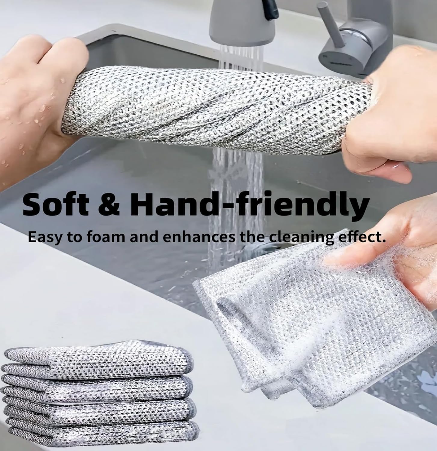 Feelon Non-Scratch Wire Dishcloth & Gap Cleaning Brush - Double-Layer Reusable Dishwashing Pads for Wet & Dry Cleaning - Easy Rinse Kitchen Scrubber for Sinks, Pots, Pans (5 Pack) - Perfect for Tough Grease, Stubborn Stains & Hard-to-Reach Areas