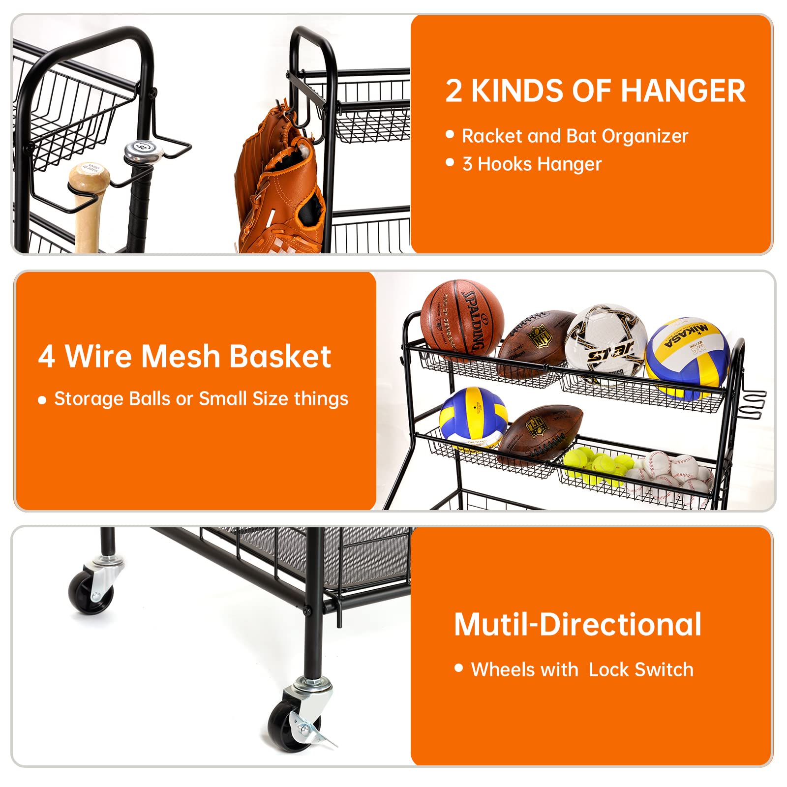 Steel Black Sports Equipment Organizer - Rolling Basketball Rack & Nerf Gun Storage for Garage, Indoor & Outdoor Use - Heavy-Duty Toy & Gear Organization System (WEY007) - Perfect for Home Gym, Playroom & Backyard Sports Storage