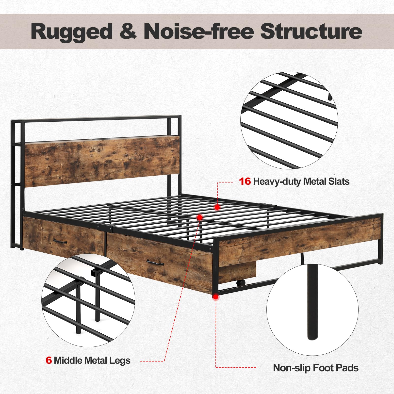Giantex Queen Bed Frame with 2 Storage Drawers & USB Charging Station, Industrial Metal Platform Bed with 2-Tier Headboard Storage, Rustic Mattress Foundation with Reinforced Slats (No Box Spring Needed) - Perfect for Small Bedrooms, Studio Apartments & Modern Farmhouse Decor