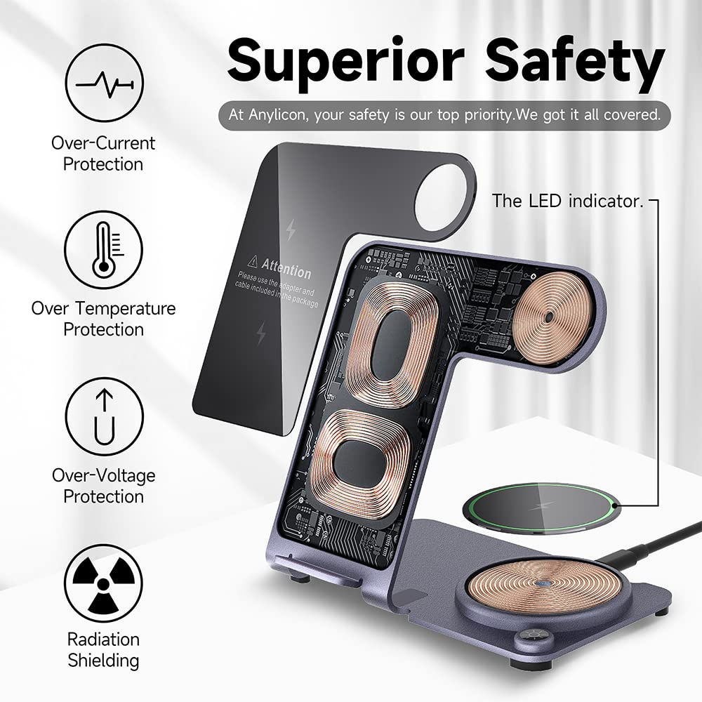 3-in-1 Aluminum Alloy Wireless Charging Station for iPhone 15/14/13/12/11 Pro Max, Apple Watch Series 8/7/6/SE/5/4, AirPods Pro/3/2 - Fast Qi Wireless Charger Pad for Bedside, Office & Travel