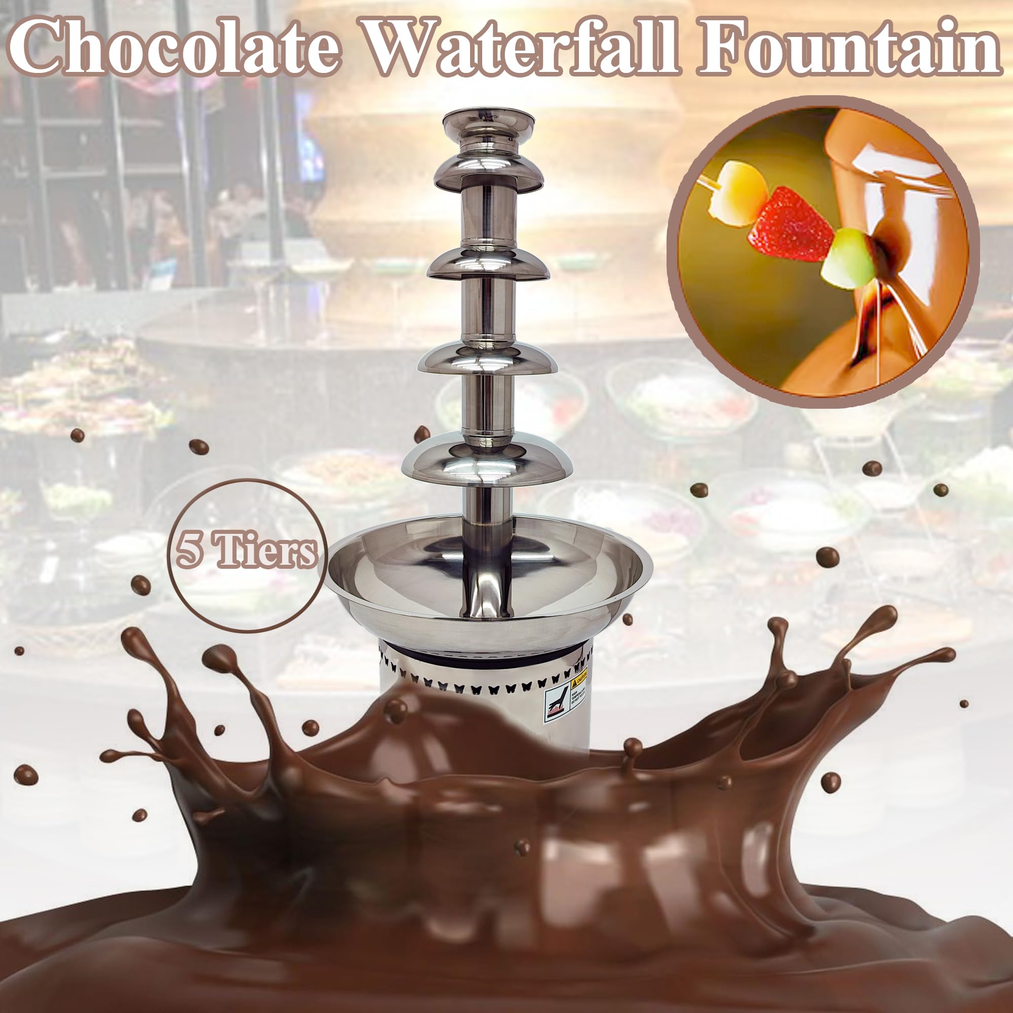 5-Tier Stainless Steel Chocolate Fountain Machine - 110V Hot Chocolate Melting Fondue Fountain for Weddings, Parties, Birthdays | Perfect for Dessert Buffets, Catering Events & Holiday Gatherings