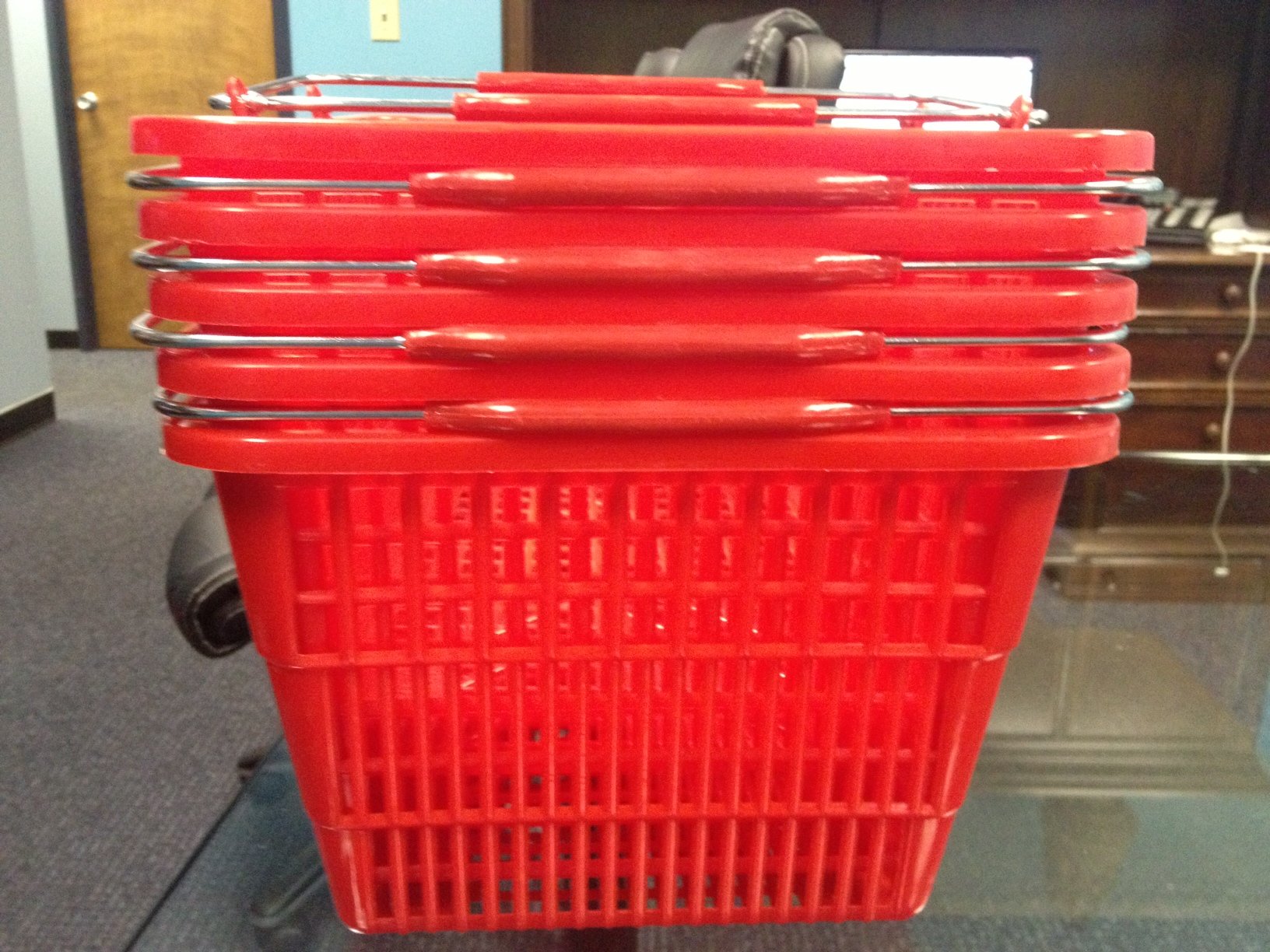 Red Shopping Basket Set - Durable Plastic Grocery Baskets with Handles for Supermarkets, Retail Stores & Home Organization (Set of 2) - Perfect for Grocery Shopping, Pantry Storage & Retail Displays