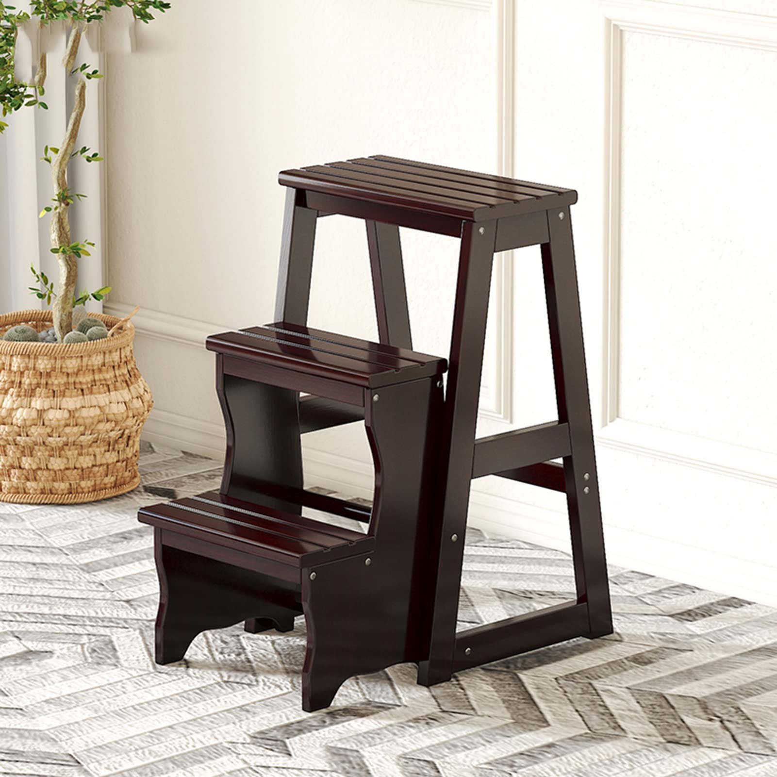 FADUNI 3-Step Foldable Wooden Step Stool for Home, Indoor Climbing Stool with Non-Slip Surface - Perfect for Kitchen, Bathroom, Library & Reaching High Shelves