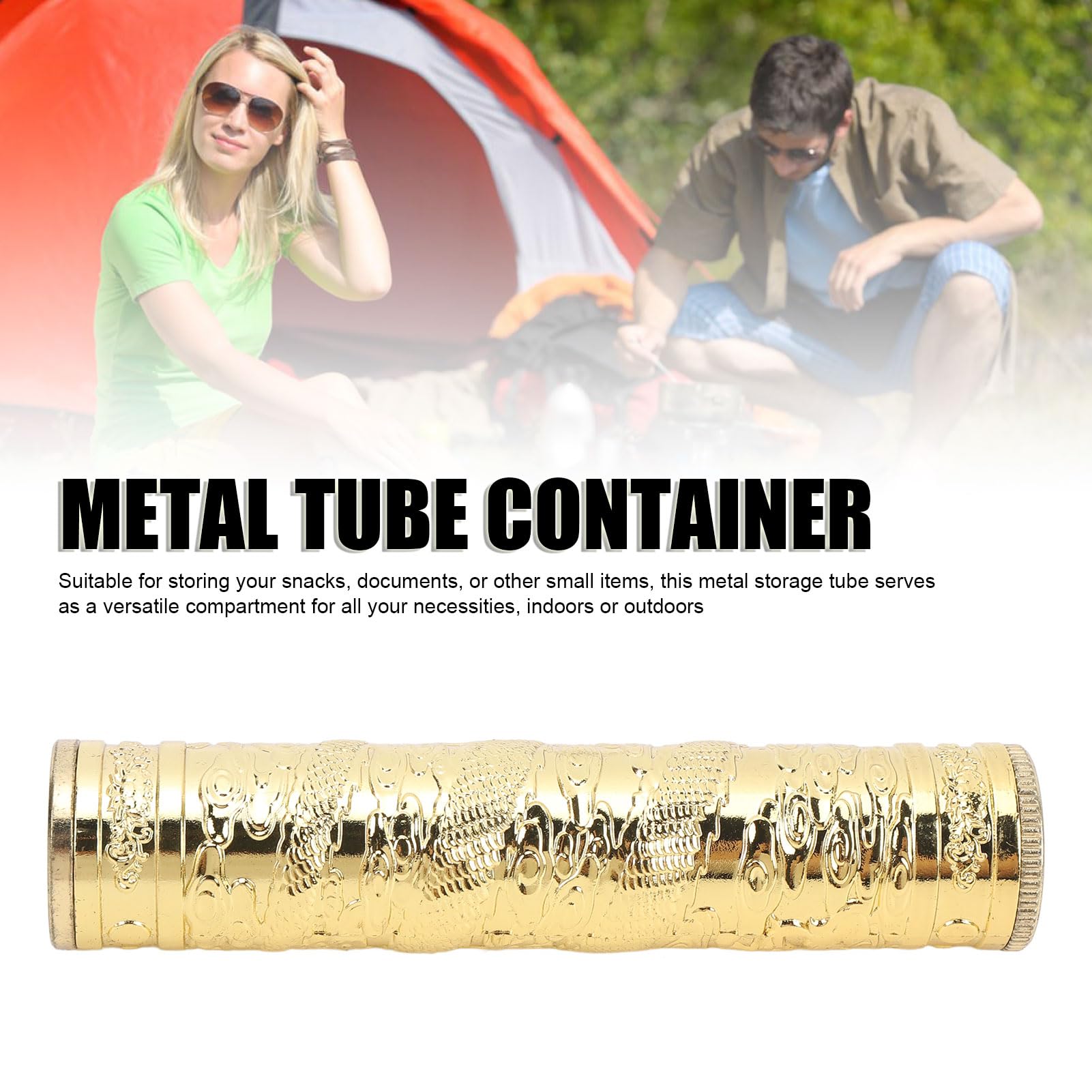 ASixxSix Lightweight Portable Metal Tube Container - Airtight & Waterproof Travel Storage for Snacks, Documents, Small Items | Durable Outdoor Organizer for Camping, Hiking, Beach Trips (Gold)