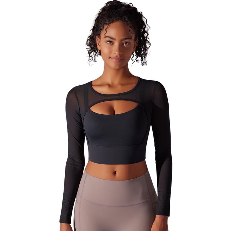 QUECY® Women's Long Sleeve Workout Tops with Front Cutout - Breathable Gym Shirts for Yoga, Running & Fitness Training | Perfect for Gym, Outdoor Sports & Active Lifestyle