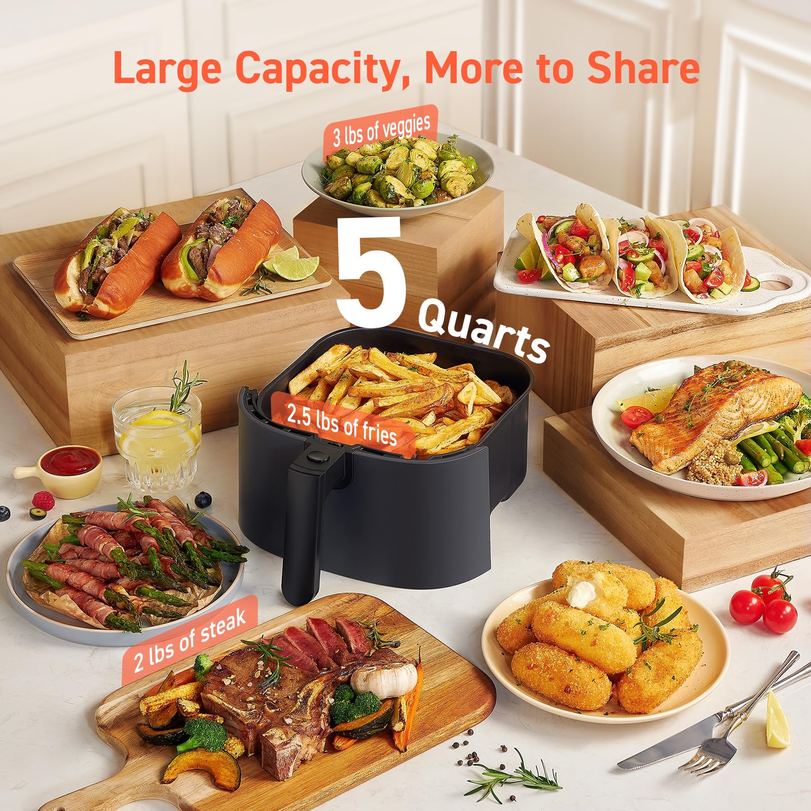 COSORI 5Qt (4.7L) Air Fryer - 9-in-1 Oil Free Air Fryer Oven with 450℉ Fast Cooking, Quiet Operation & Nonstick Dishwasher Safe Basket - Includes 30 Exclusive Recipes - Perfect for Healthy Cooking, Quick Meals & Family Dinners
