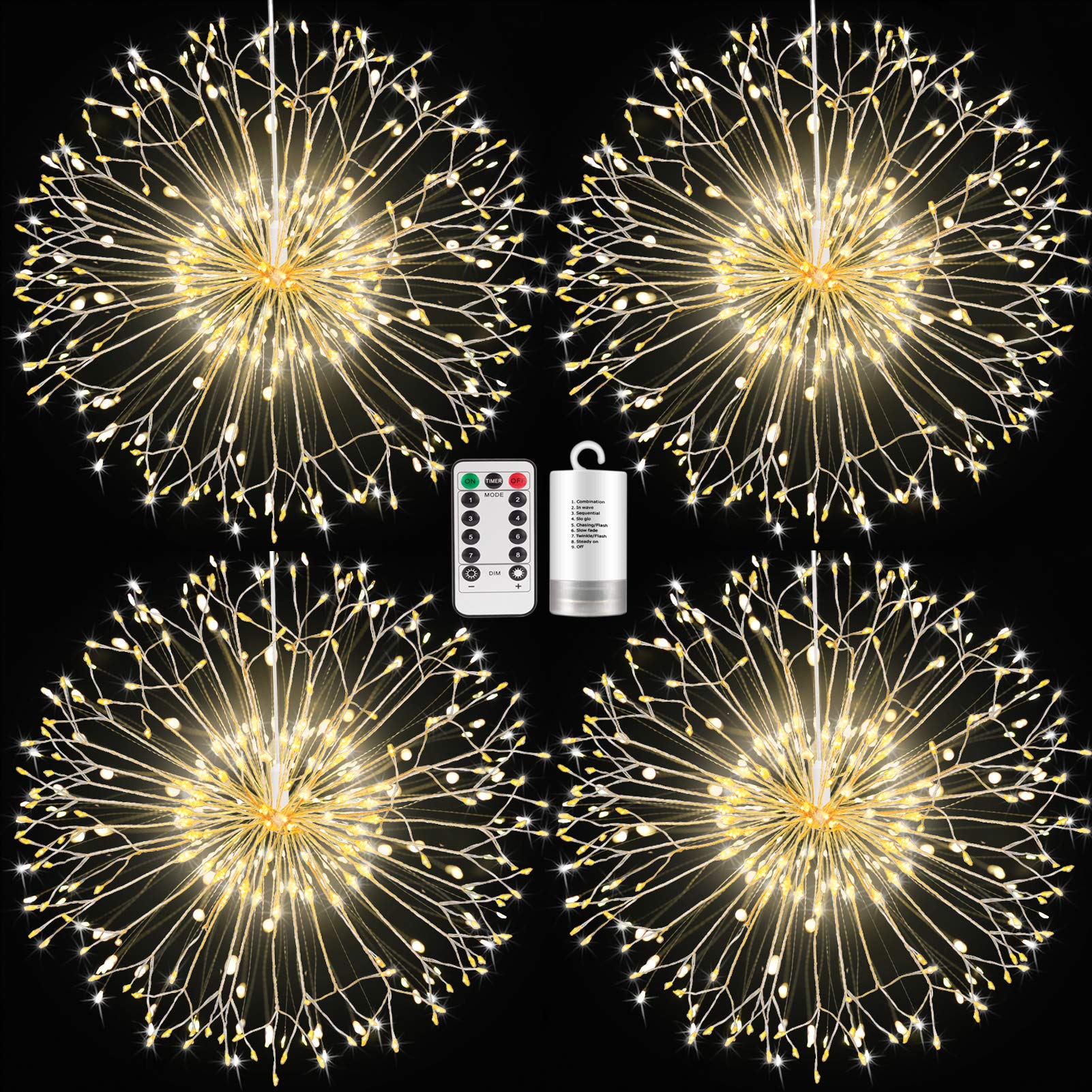 4 Pack Firework LED Copper Wire Starburst Dandelion Fairy String Lights - 8 Modes with Remote Control, Battery Operated Waterproof Decorative Lights for Wedding, Christmas, Party, Patio, Garden, Bedroom and Outdoor Decor