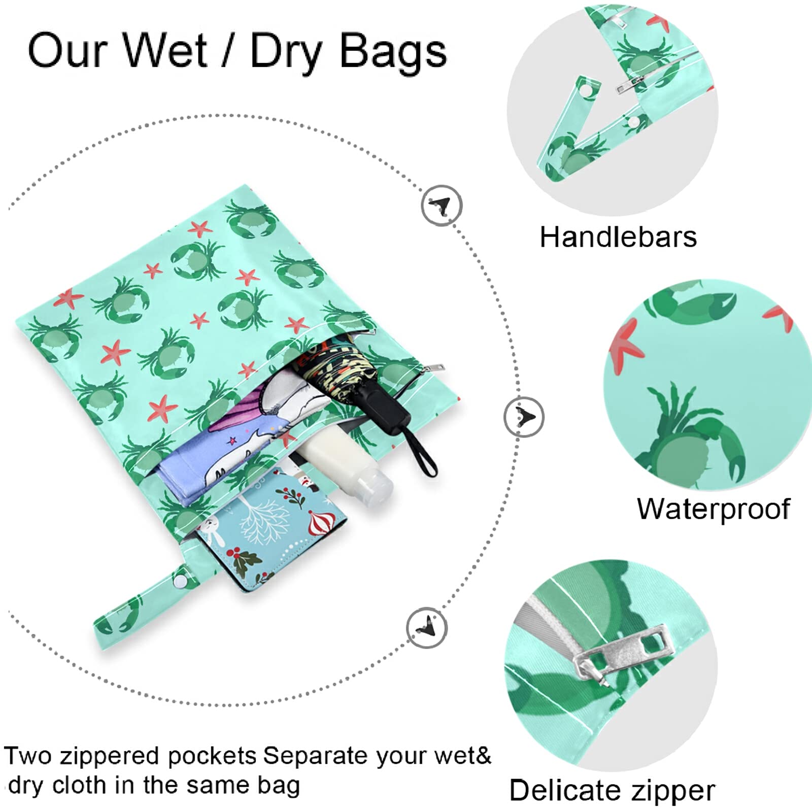 Funny Crab Starfish Wet Bag 2Pcs - Waterproof Reusable Zippered Diaper Bag for Travel, Beach & Daycare | Washable Storage for Swimsuits, Gym Clothes & Toiletries | Perfect for Baby Stroller, Pool & Sports Gear