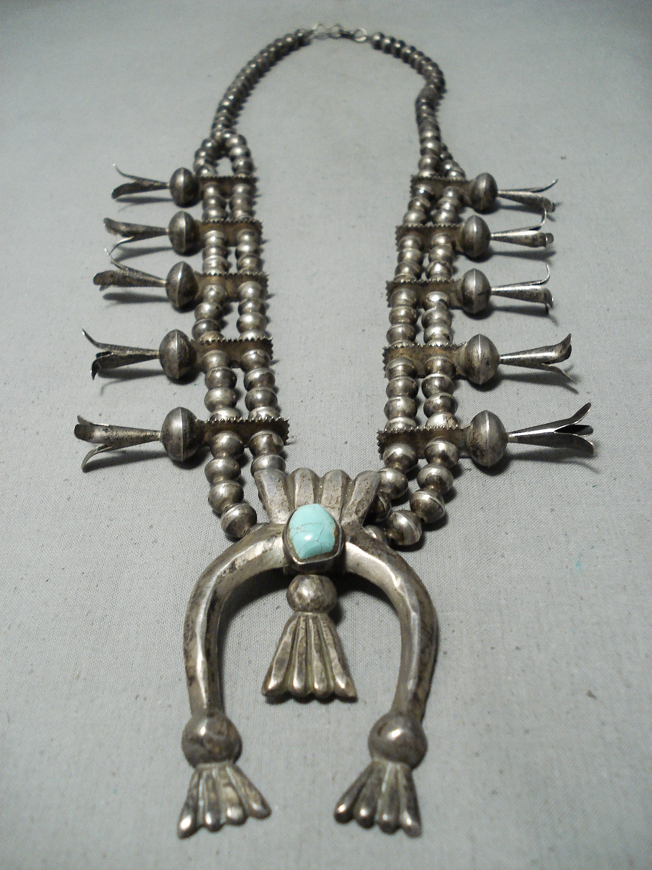 1920's Vintage Navajo Turquoise Sterling Silver Squash Blossom Necklace - Authentic Native American Jewelry for Women, Perfect for Boho Fashion, Weddings & Special Occasions