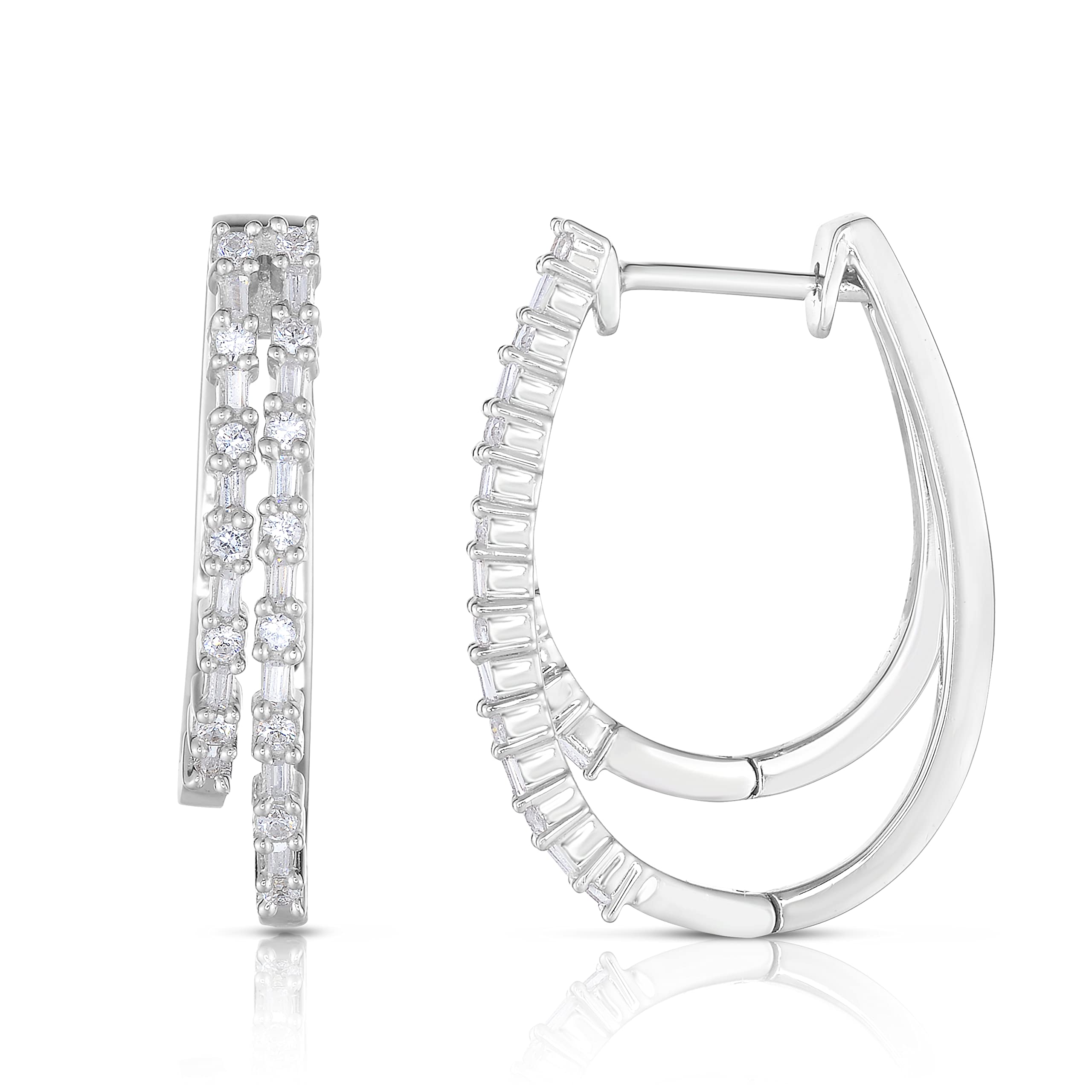 Natalia Drake Round Baguette Double Row 1/2 Cttw Diamond Hoop Earrings for Women - 925 Sterling Silver Rhodium Plated | Elegant Jewelry for Parties, Weddings & Everyday Wear