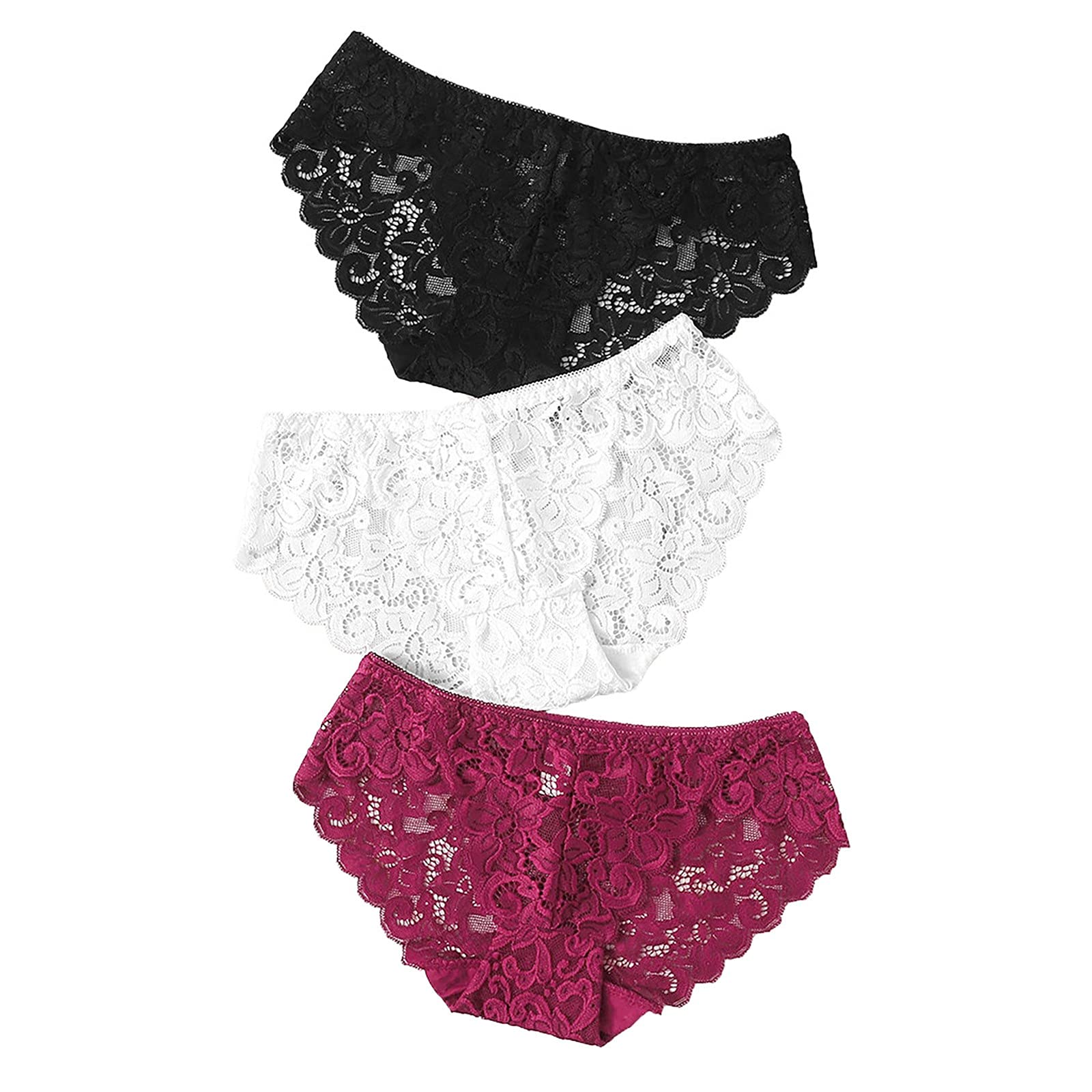AMIMOJY 3-Pack Women's Lace Panties - Floral Hollow Out Underwear, G-String Thong Lingerie, Low Waist Briefs for Ladies | Comfortable & Sexy for Everyday Wear, Date Night, and Special Occasions