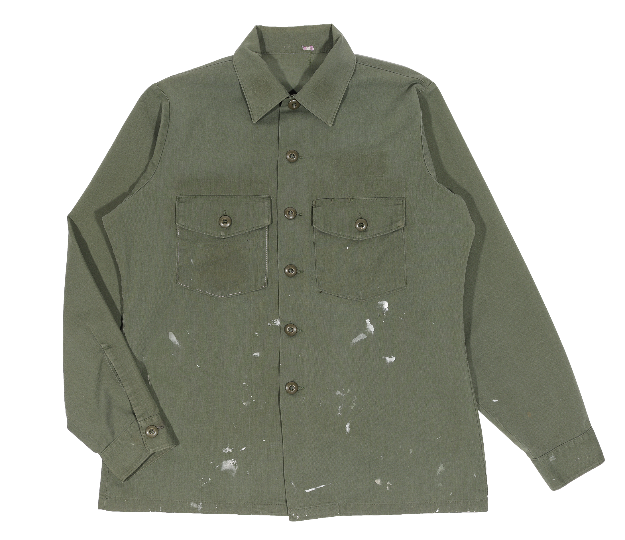 Vintage 1970s Military Army Paint Splatter Work Shirt - Retro Distressed Style for Men, Casual Wear & Costume Parties