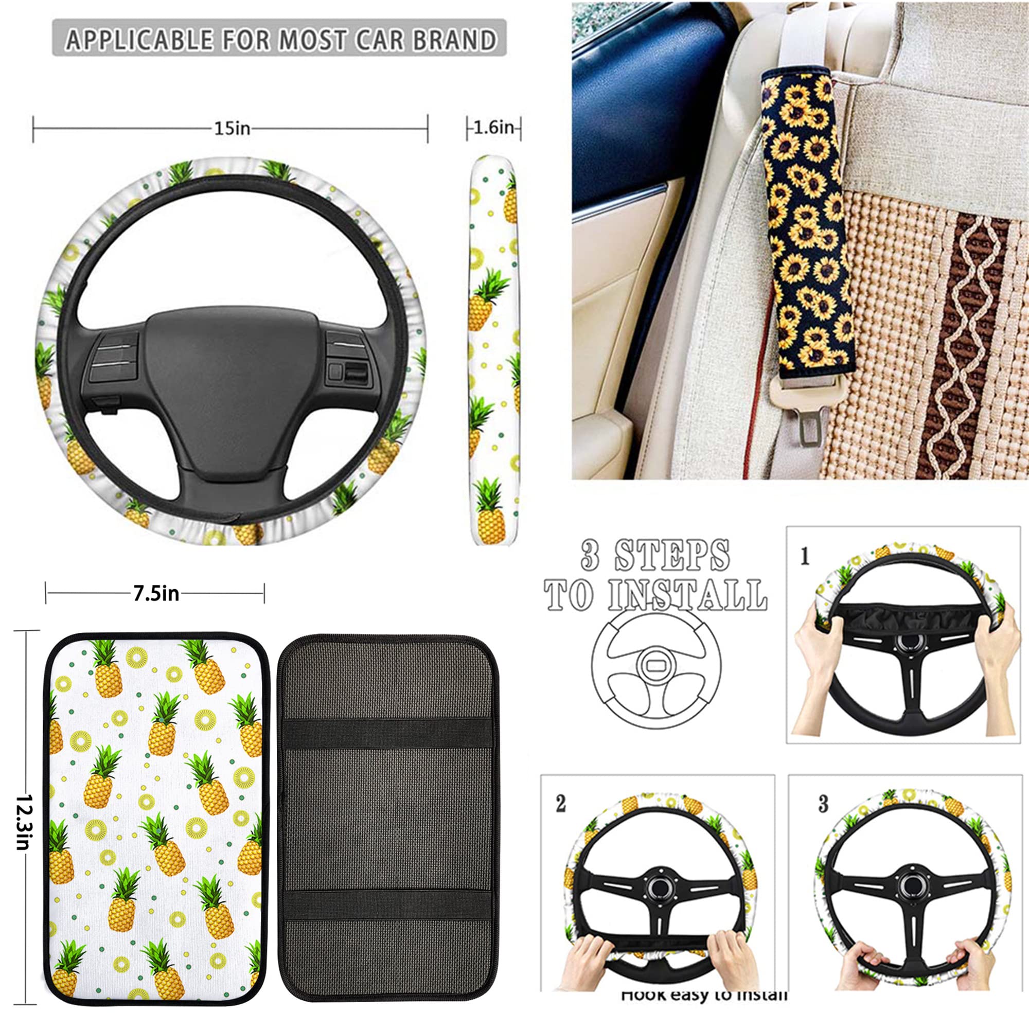 Brown Cow Print Car Accessories Set - 18pcs for Steering Wheel & Seat Covers - Perfect for Country Style Vehicles
