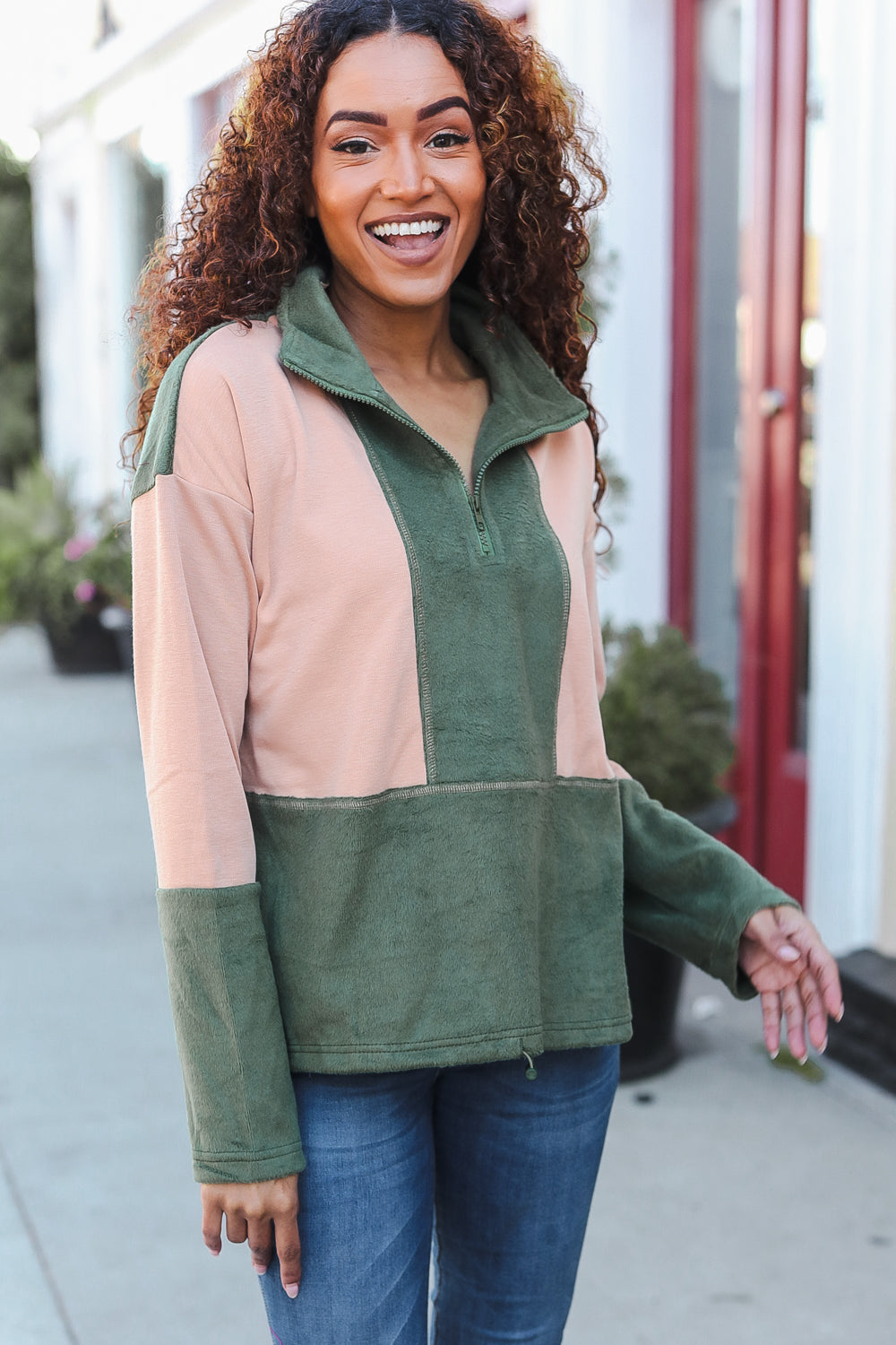 Cozy Holiday Vibes Taupe & Green Fleece Zip-Up Hoodie with Cinched Hem - Perfect for Winter Outfits, Christmas Gifts & Casual Loungewear