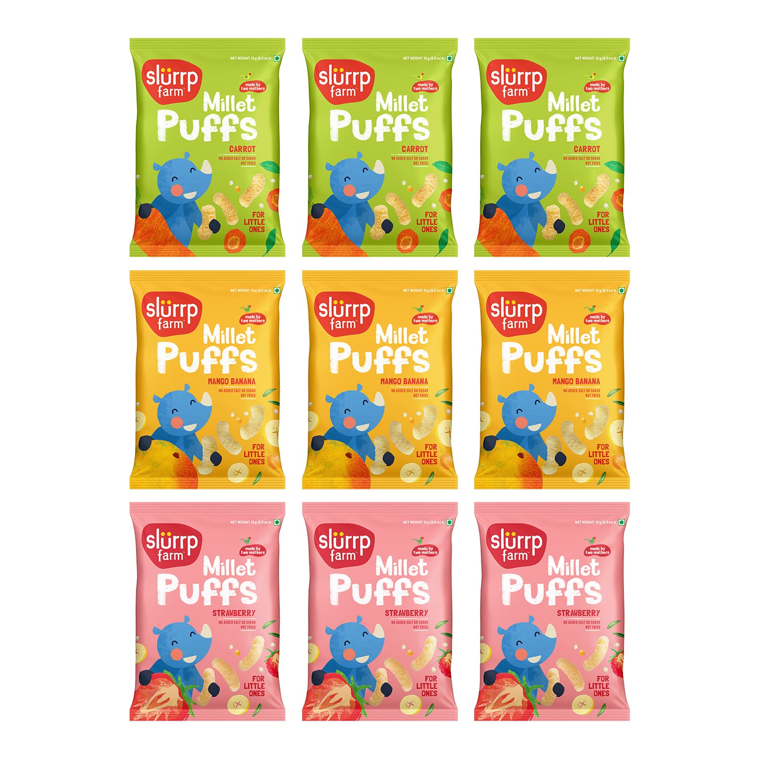 Organic Teething Puffs for Babies - No Salt, No Sugar, Baked Fruit & Veggie Snacks with Carrot, Strawberry, Banana & Mango | 9-Pack Healthy Baby Food | Perfect for On-the-Go, Daycare & First Finger Foods