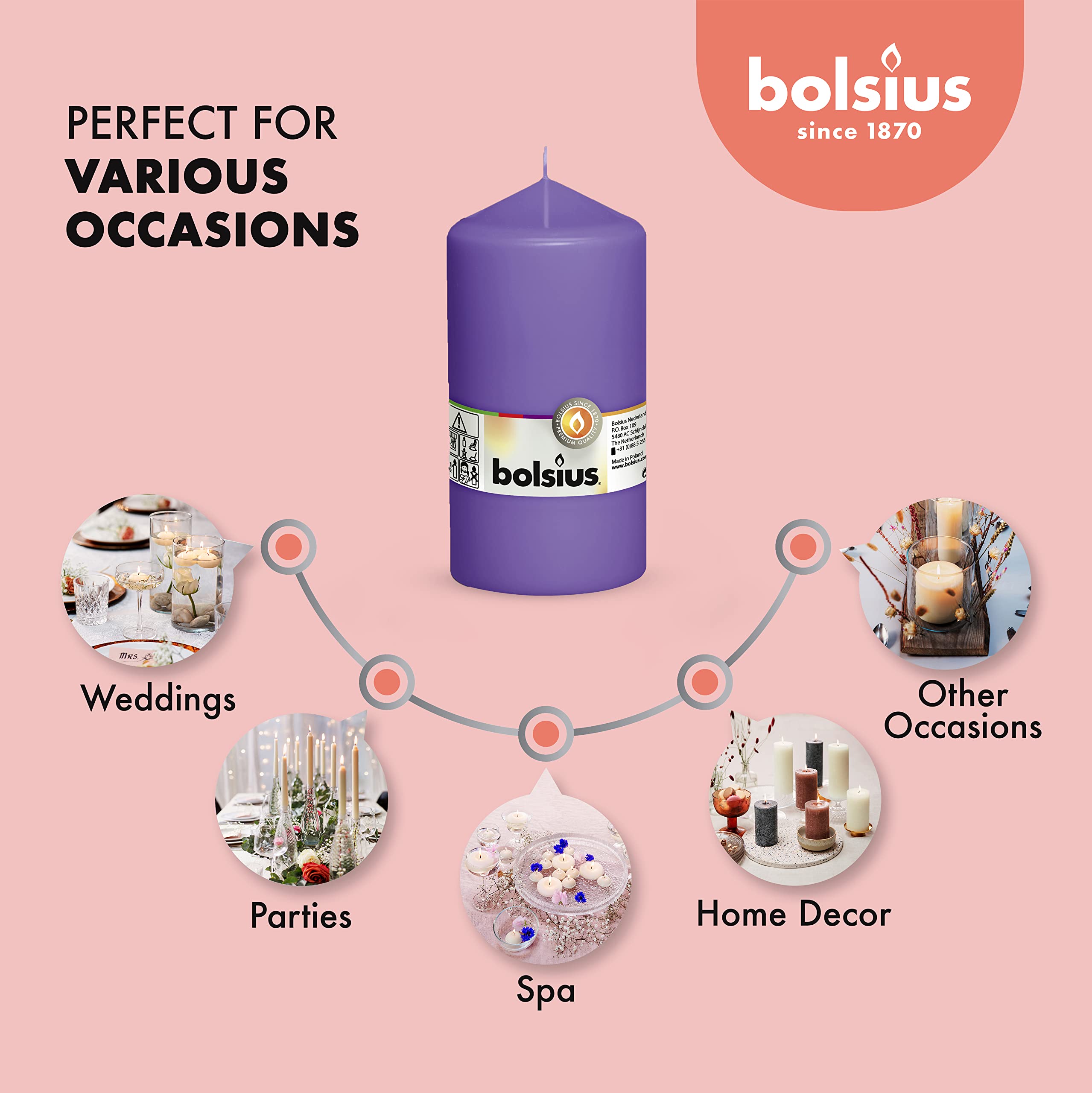 BOLSIUS 4 Purple Pillar Candles 3x6 Inches - Premium European Quality Unscented Candles - 65+ Hours Burn Time, Dripless & Smokeless - Perfect for Wedding Centerpieces, Dinner Parties, Home Decor & Romantic Ambiance