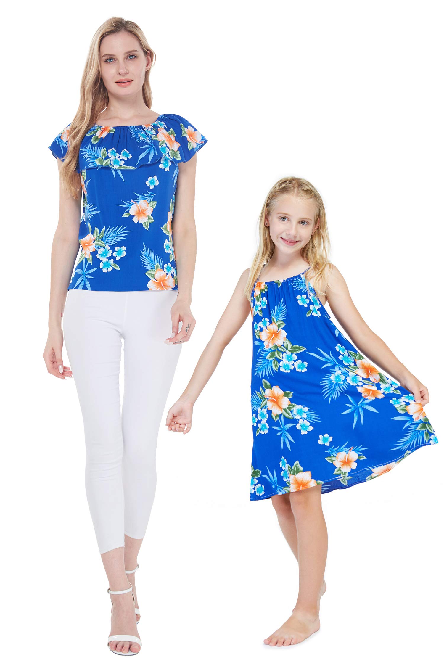Hawaiian Luau Matching Outfits for Mother and Daughter - Floral Off-Shoulder Top & Round Neck Dress Set in Hibiscus Blue | Perfect for Beach Vacations, Family Photos, and Tropical Themed Parties