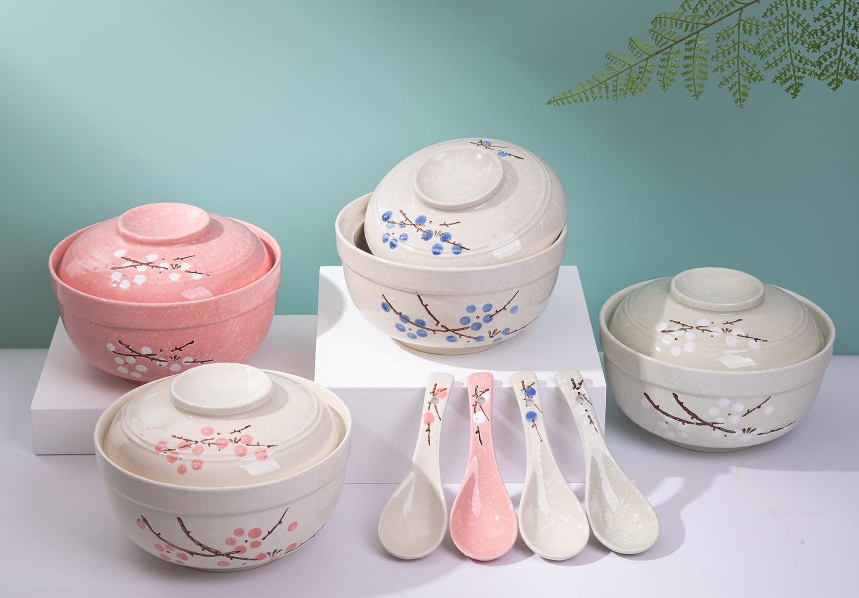 Japanese Hand-Painted Ceramic Ramen Bowls with Spoon - 27.5oz Large Microwave & Dishwasher Safe Soup Bowls - Heat Preserving Pink Rice/Noodle Bowls for Home, Restaurant & Gift Giving