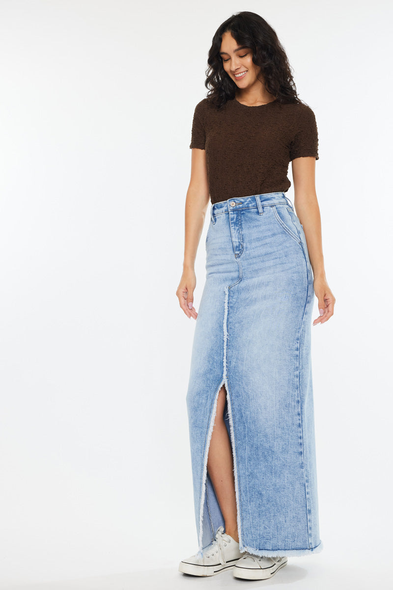 Anette High Rise Maxi Denim Skirt for Women - Vintage Blue Stretch Denim Long Skirt with Side Slits | Perfect for Casual Outfits, Date Nights & Boho Style
